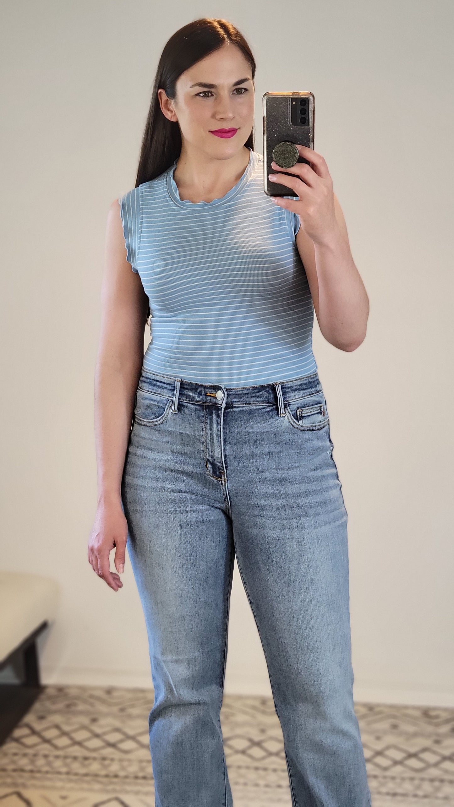 Sky Blue/White Striped Fitted Ruffle Tank Top “Diane”