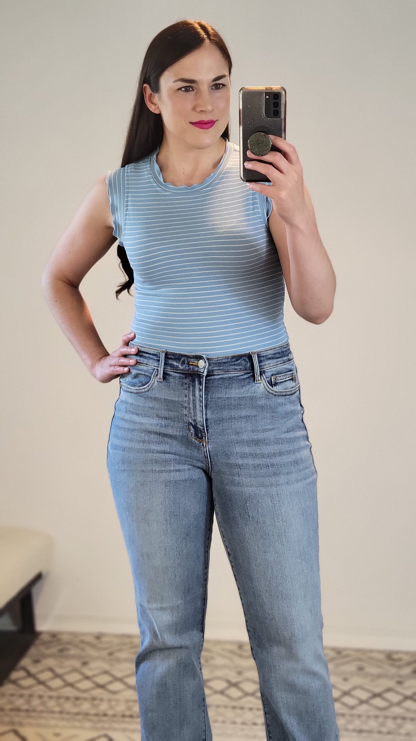 Sky Blue/White Striped Fitted Ruffle Tank Top “Diane”