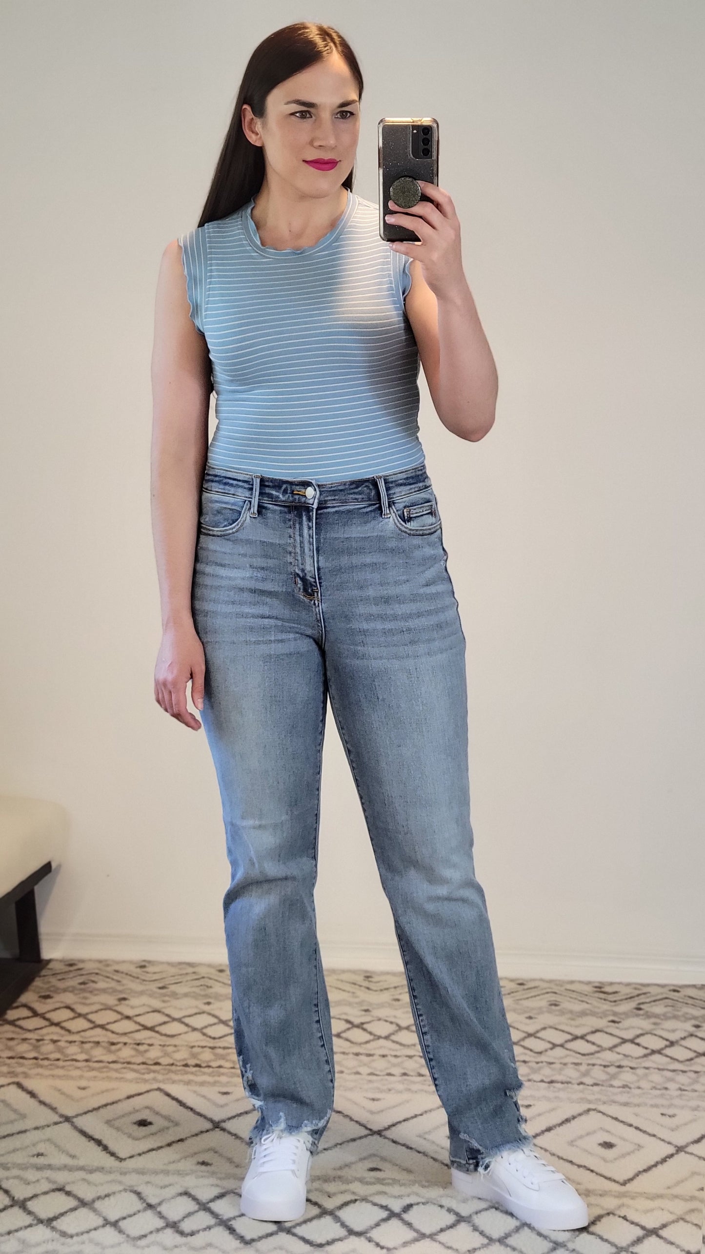 Sky Blue/White Striped Fitted Ruffle Tank Top “Diane”