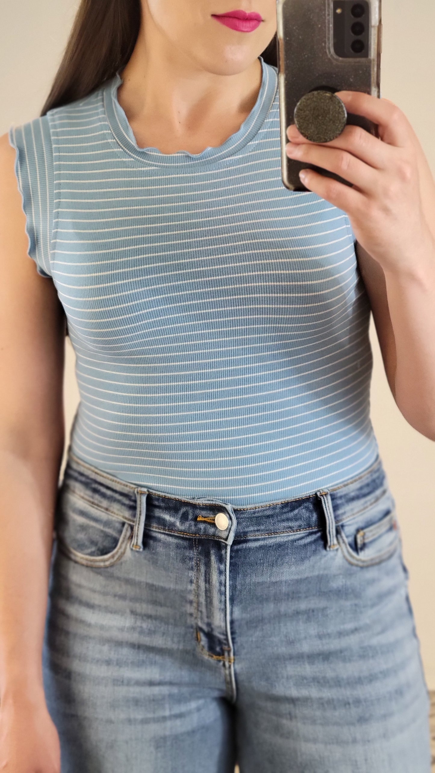 Sky Blue/White Striped Fitted Ruffle Tank Top “Diane”