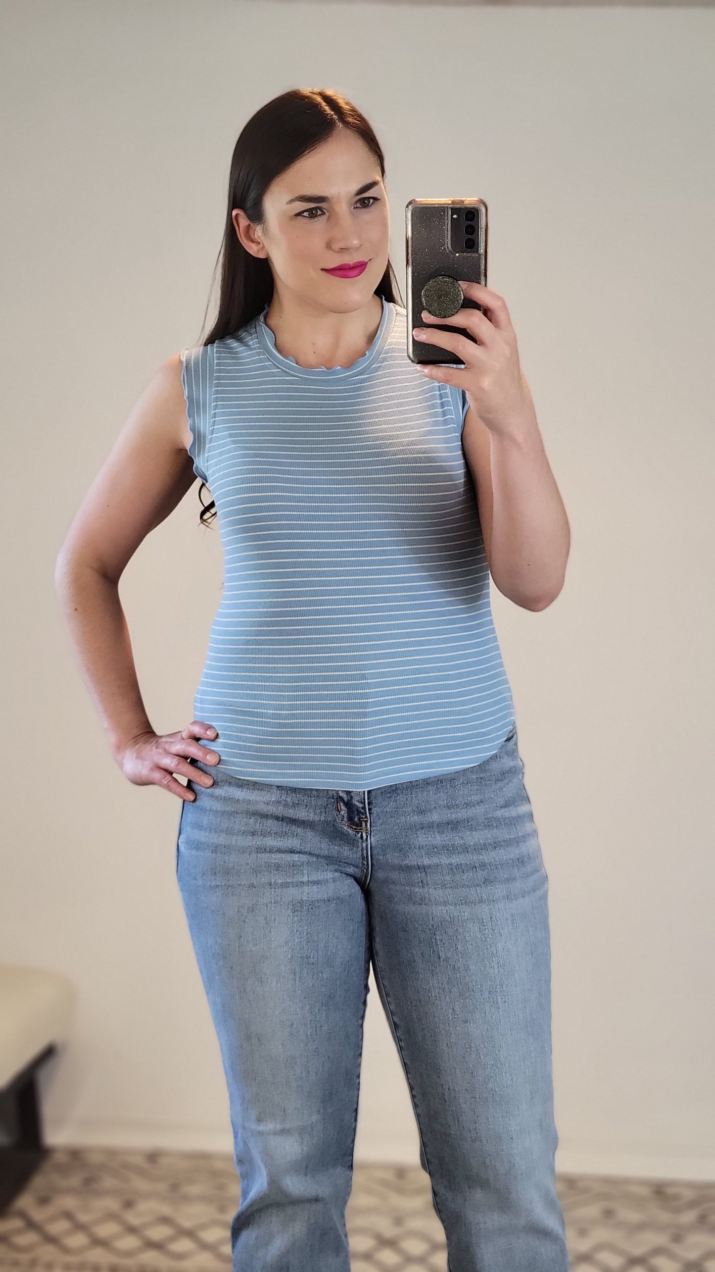 Sky Blue/White Striped Fitted Ruffle Tank Top “Diane”