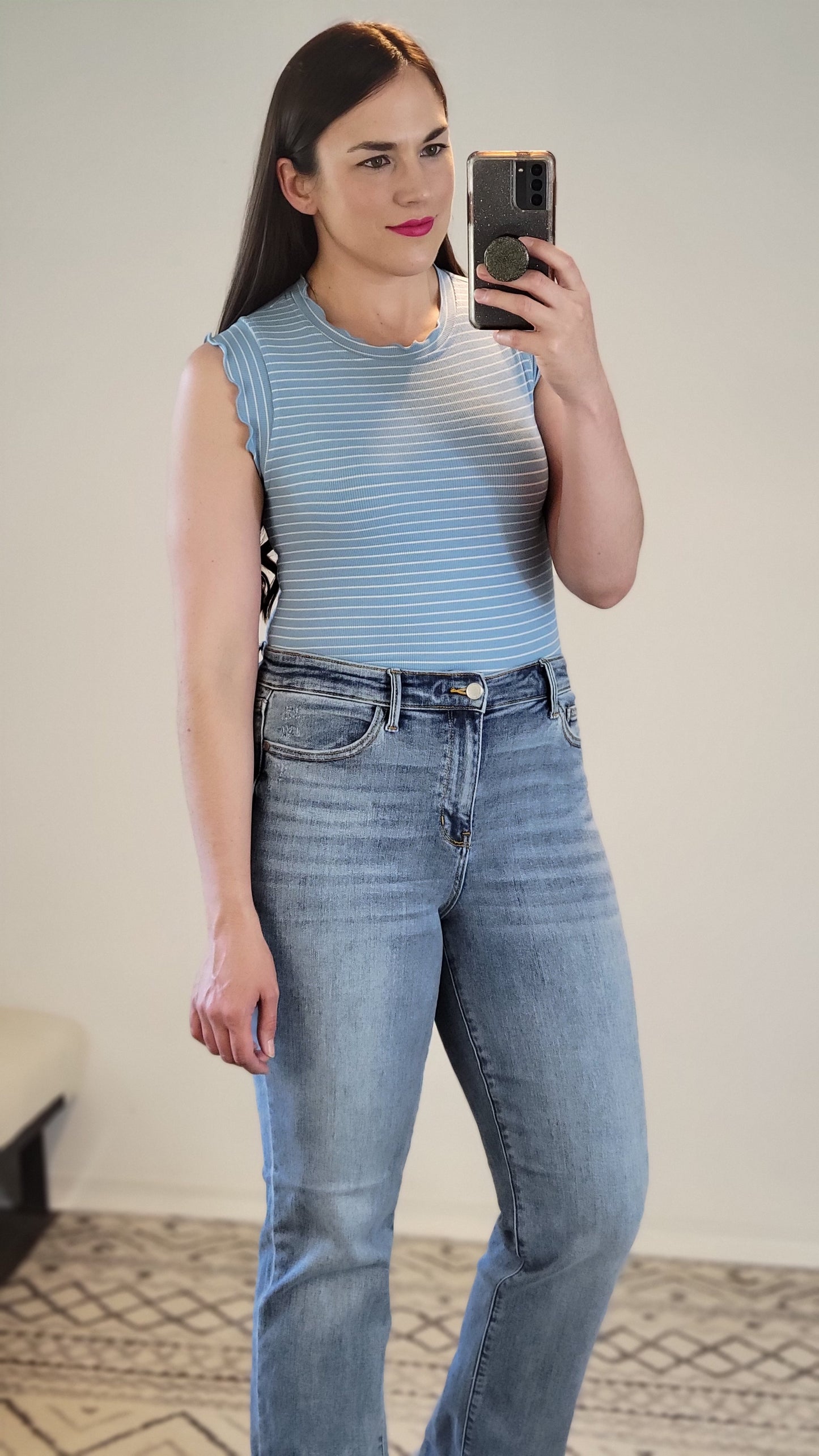 Sky Blue/White Striped Fitted Ruffle Tank Top “Diane”