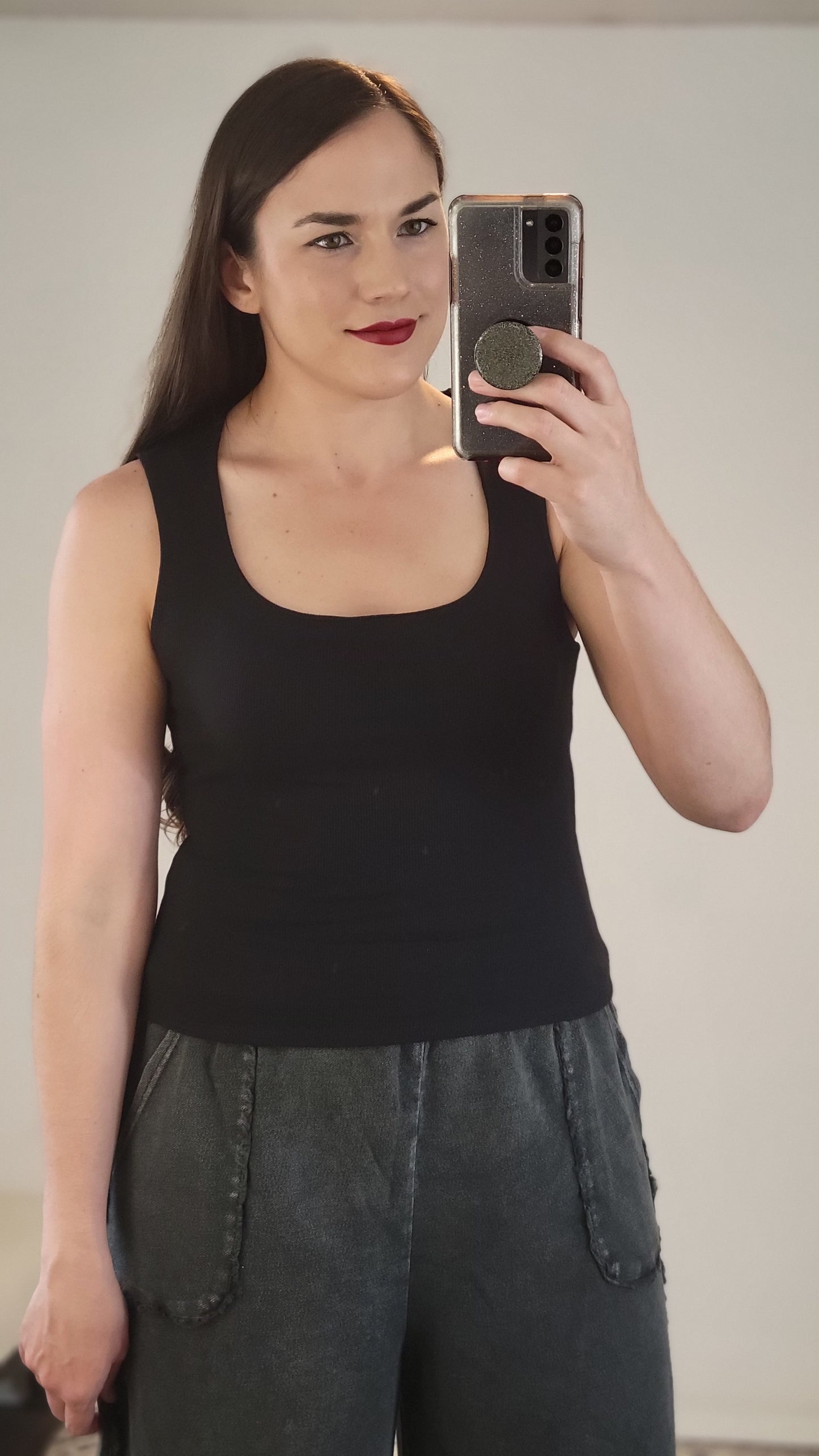 Black Double Layer Baby Rib Square Neck Fitted Tank Top “Amy”