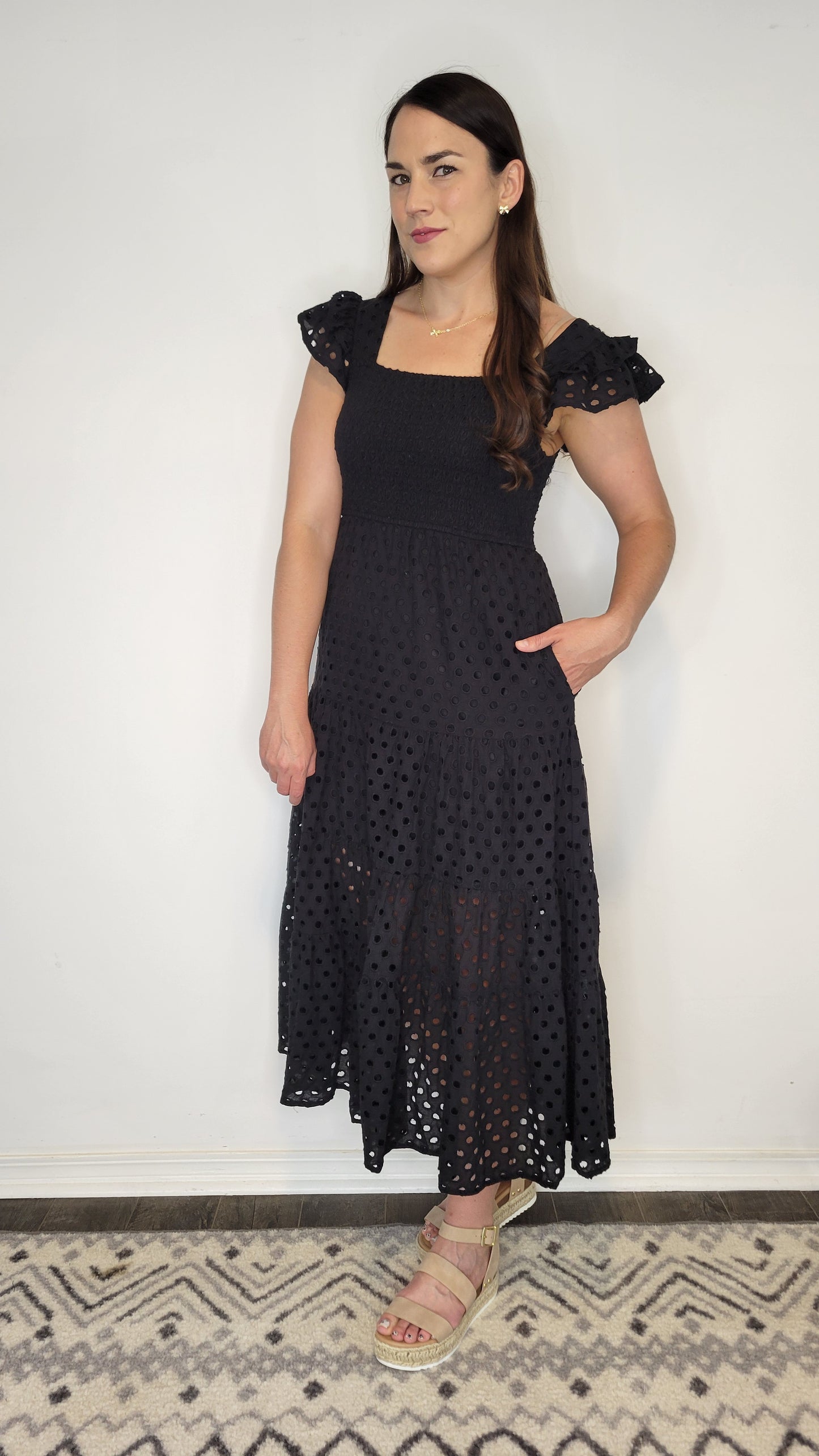 Black Eyelet Midi Dress with Pockets “Everly” (M)