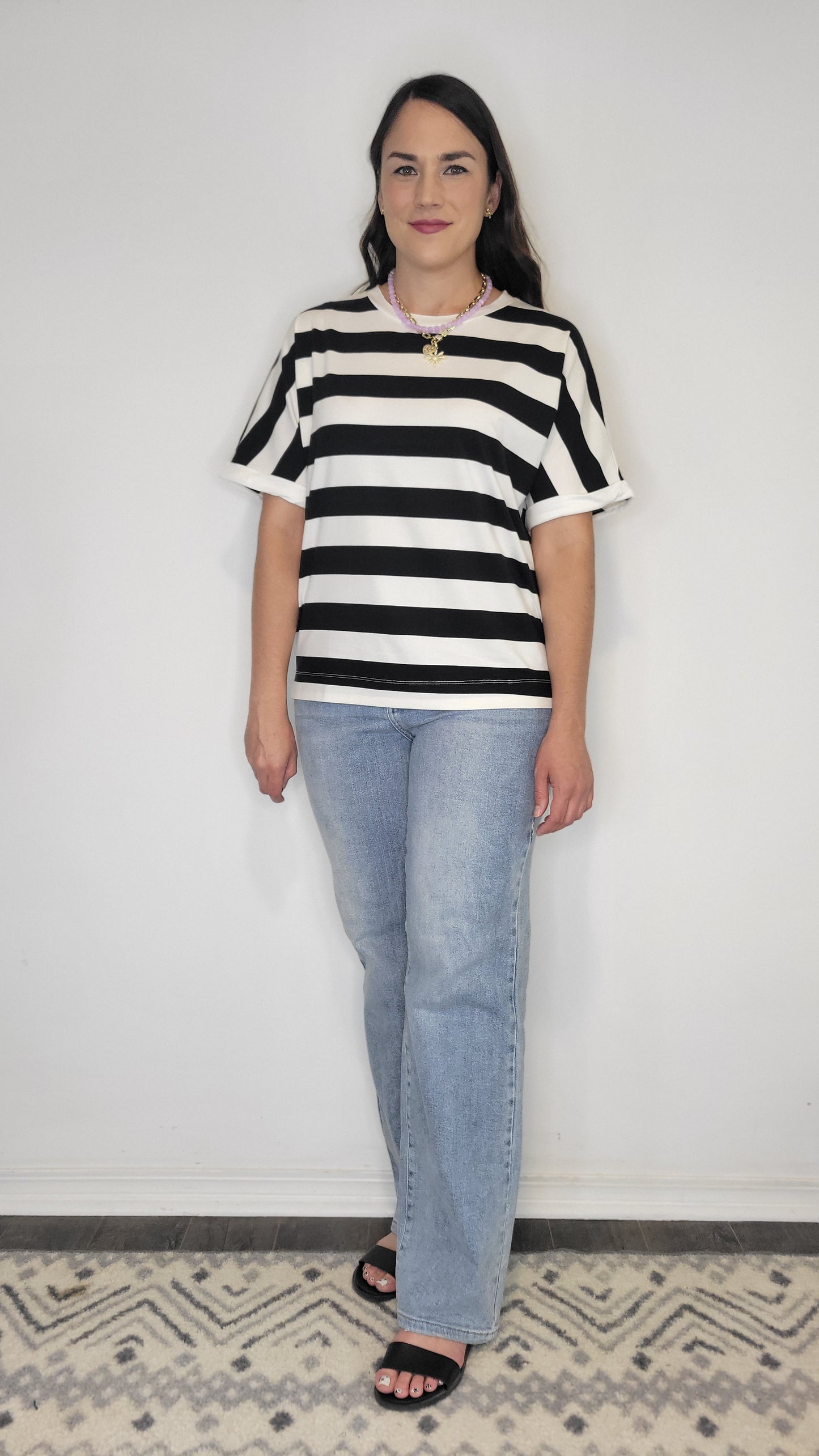 Black/ White Stripe Half Sleeve Drop Shoulder Top “Riley” (L)