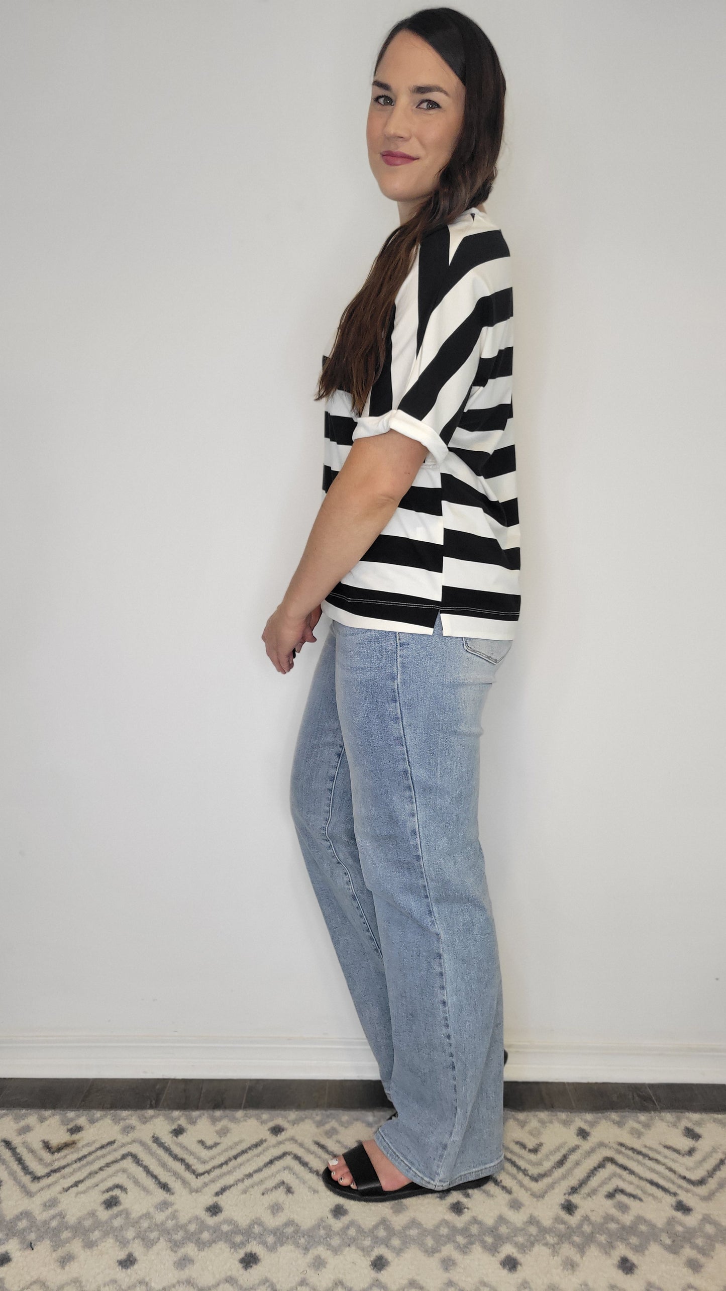 Black/ White Stripe Half Sleeve Drop Shoulder Top “Riley” (L)