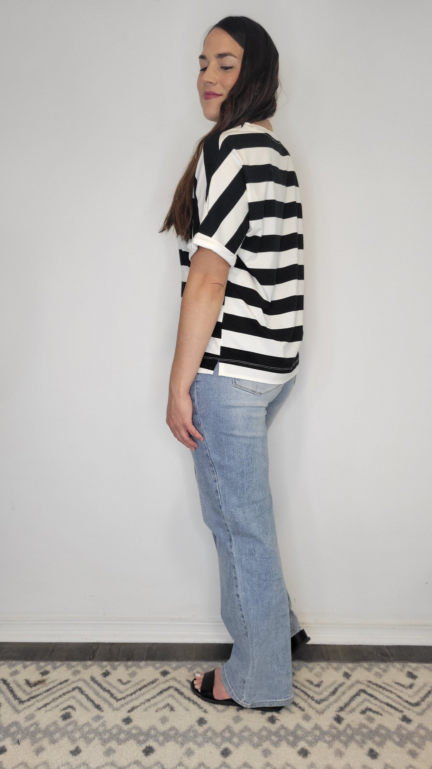 Black/ White Stripe Half Sleeve Drop Shoulder Top “Riley” (L)