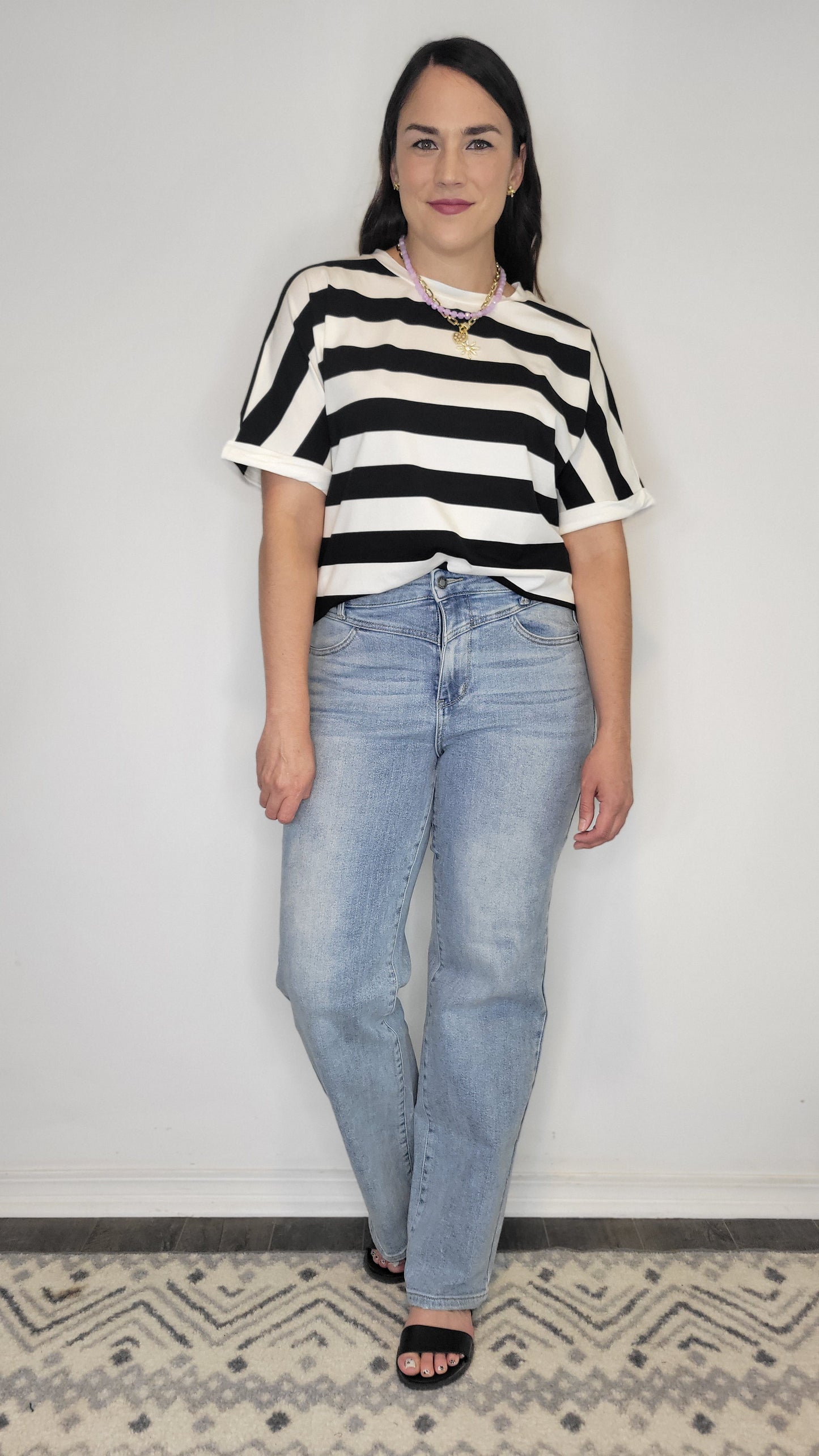 Black/ White Stripe Half Sleeve Drop Shoulder Top “Riley” (L)