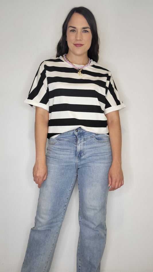 Black/ White Stripe Half Sleeve Drop Shoulder Top “Riley” (L)