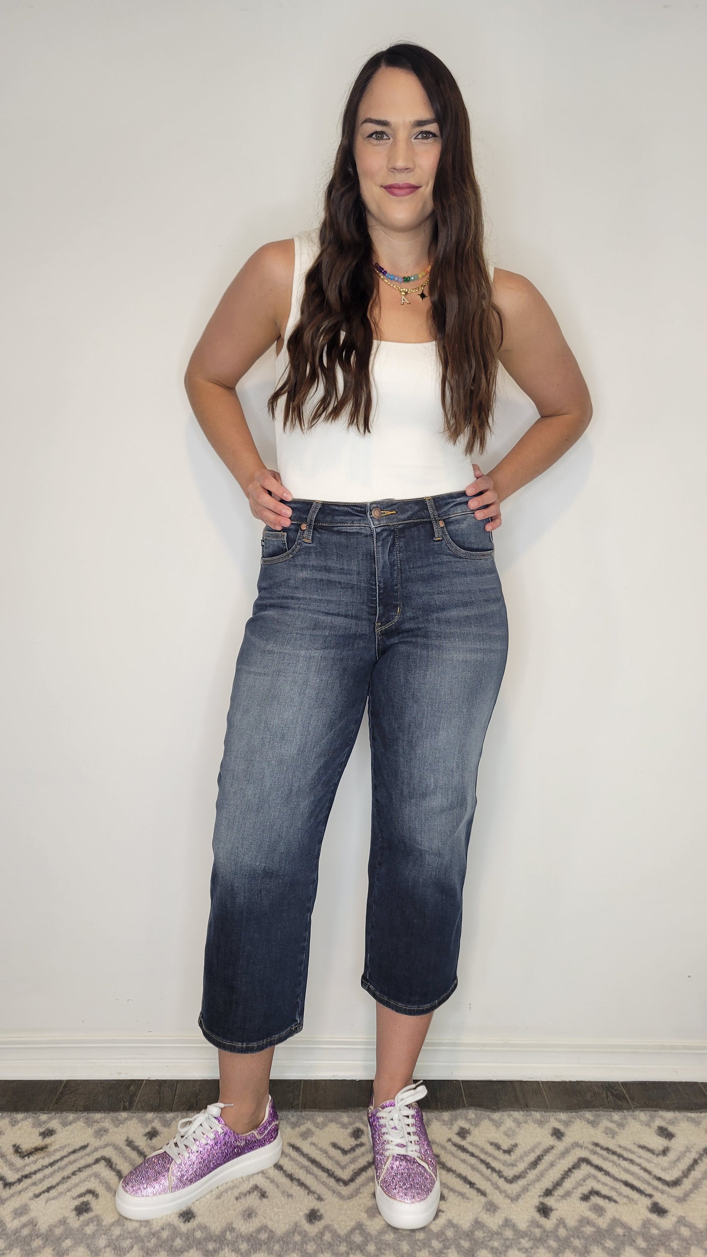 Judy Blue Tummy Control Mid Rise Dark Wash Cropped Wide Leg “Maisie”