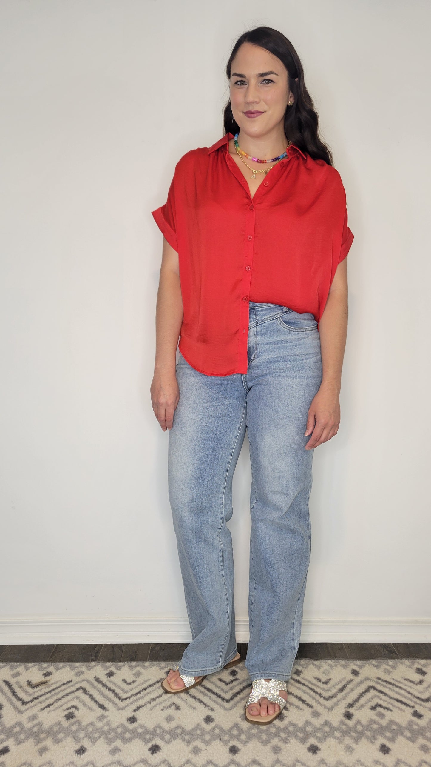 Red Satin Collar Button Up Top “Rosalie” (S)