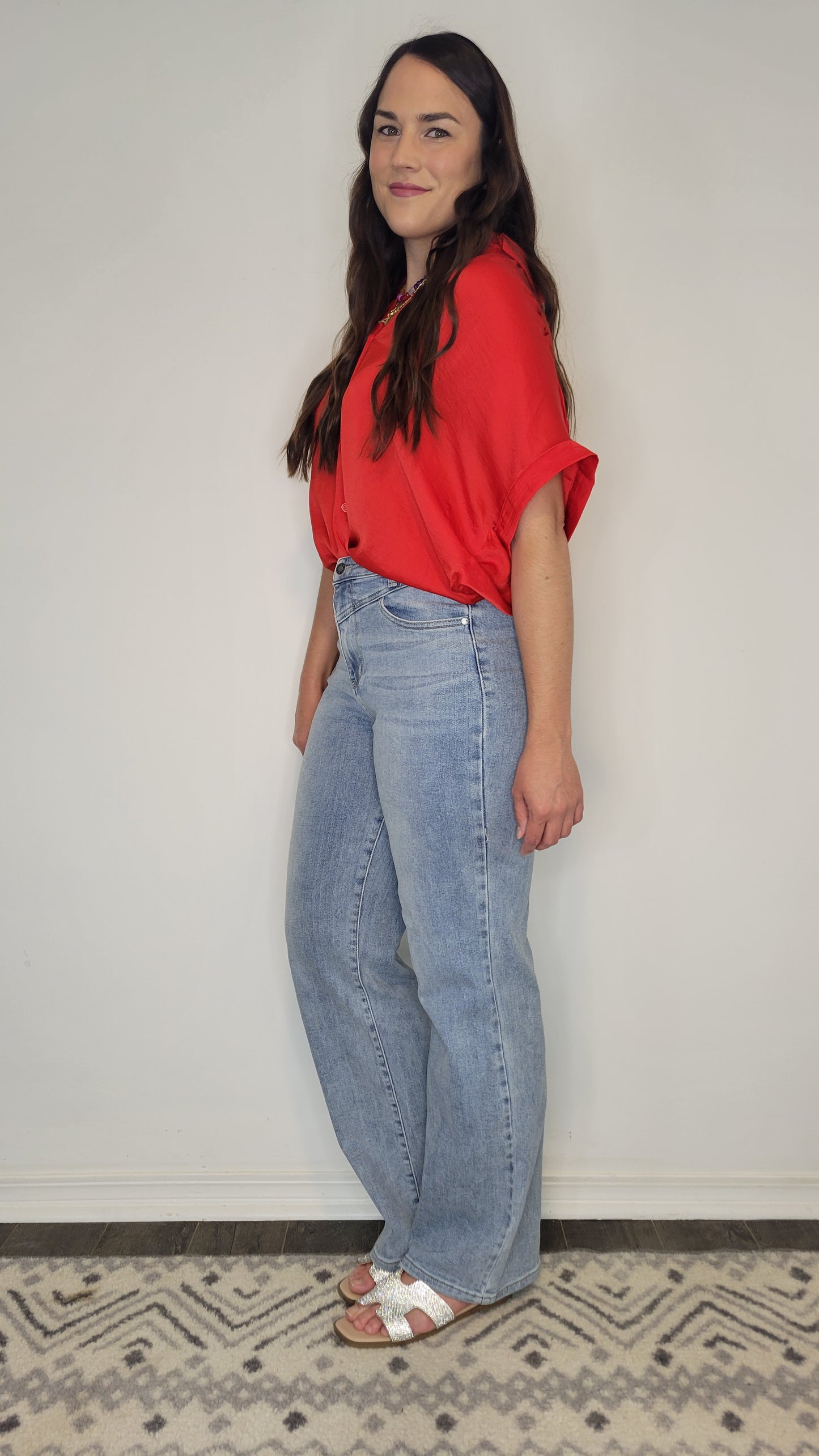 Red Satin Collar Button Up Top “Rosalie” (S)