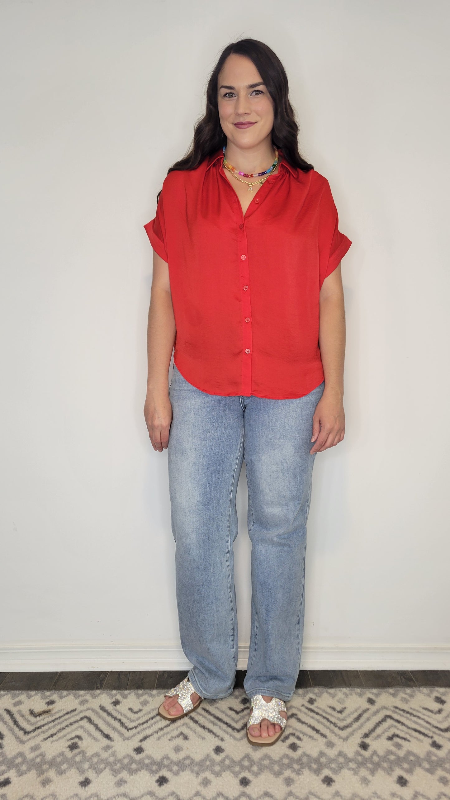Red Satin Collar Button Up Top “Rosalie” (S)