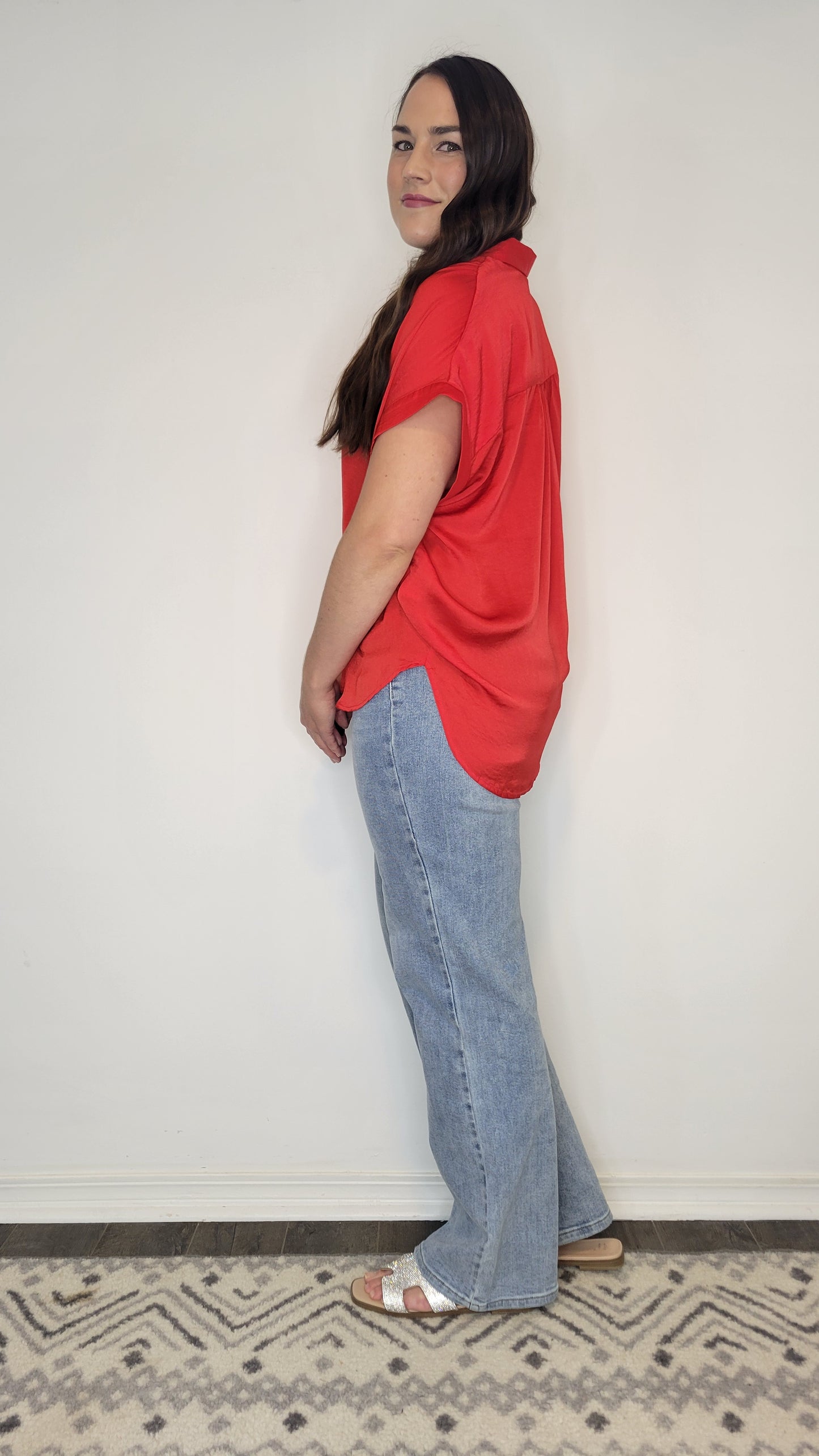Red Satin Collar Button Up Top “Rosalie” (S)