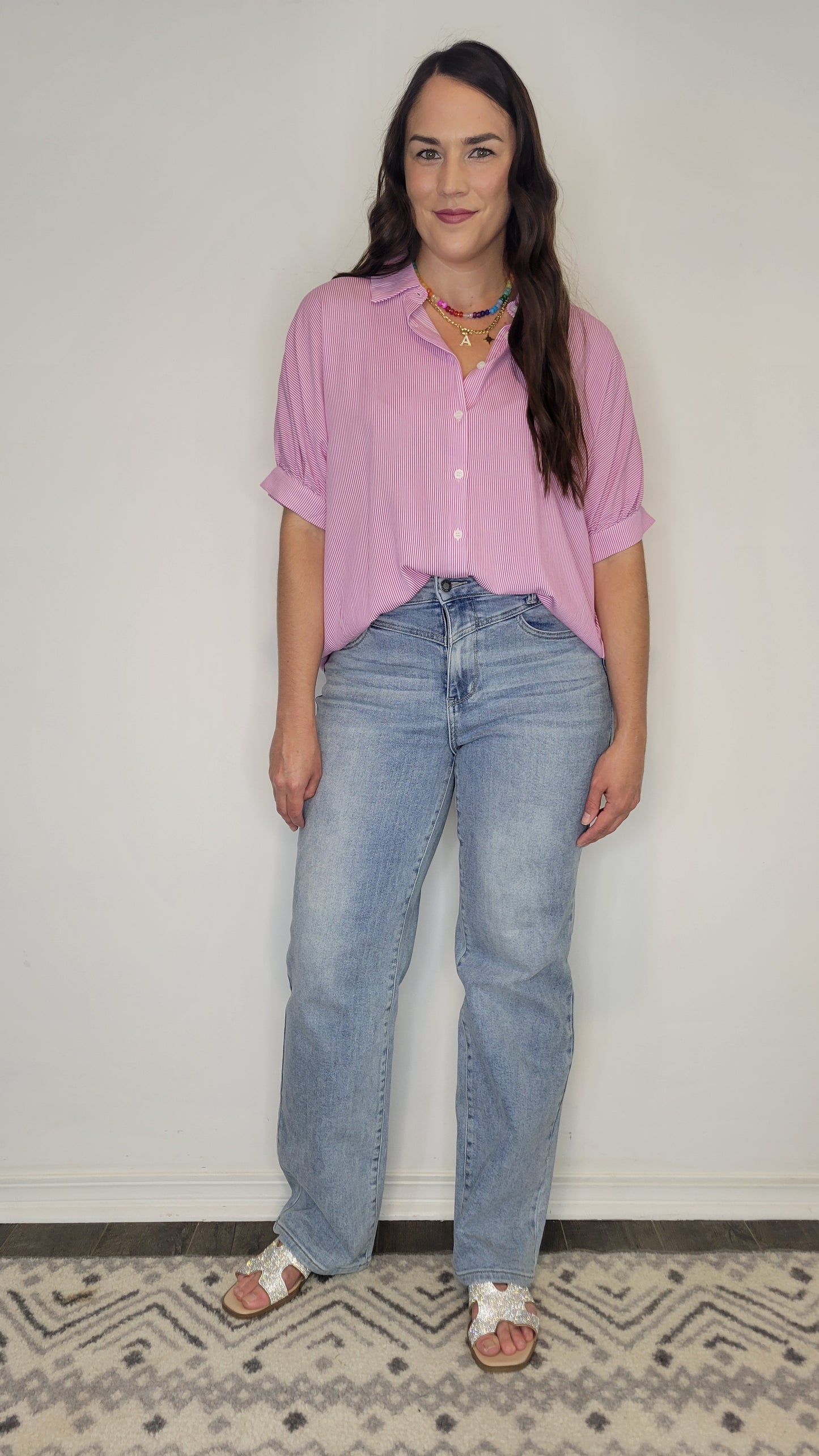 Barbie Pink/ White Stripe Collar Button Up Top “Bella”