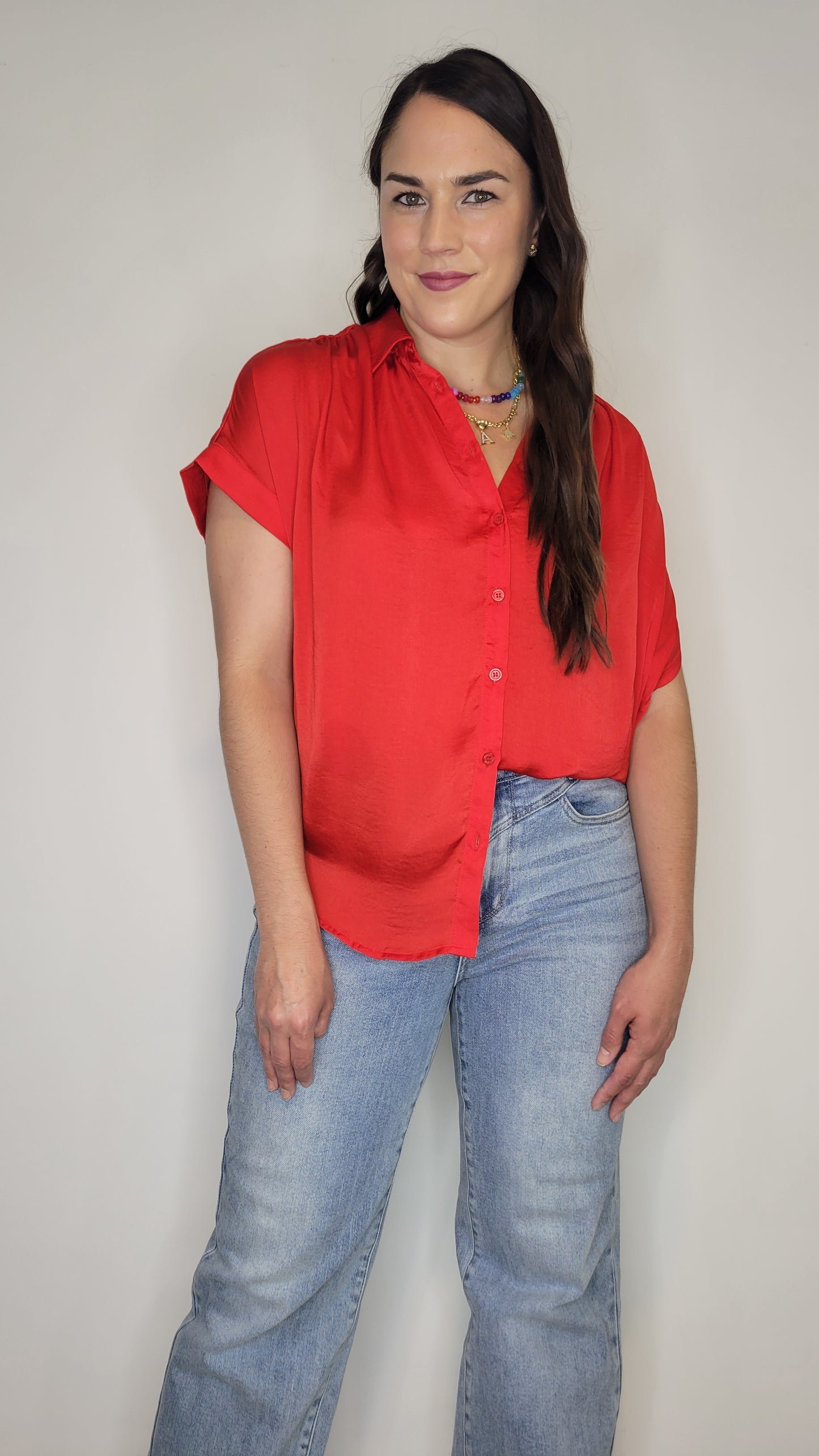 Red Satin Collar Button Up Top “Rosalie” (S)