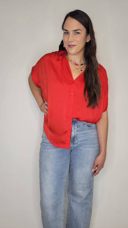 Red Satin Collar Button Up Top “Rosalie” (S)