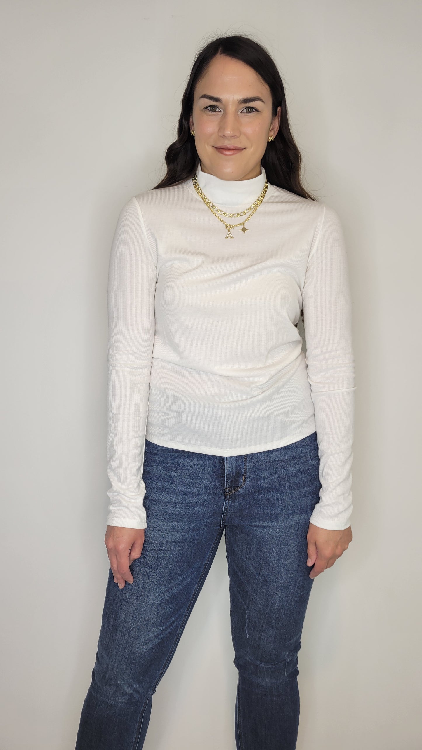 White Ribbed Basic Mock Neck Long Sleeve Top "Katherine"