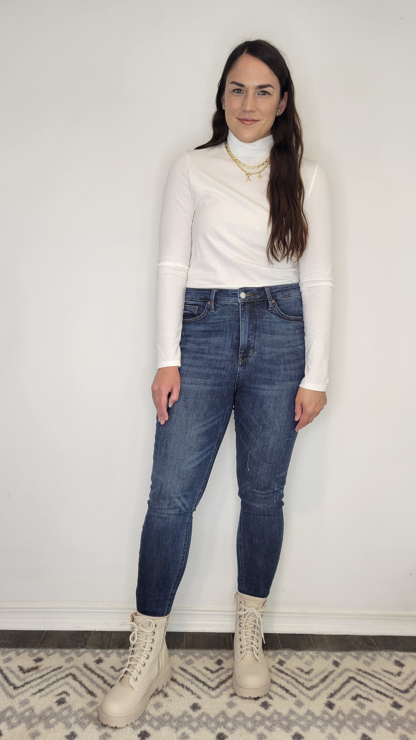 White Ribbed Basic Mock Neck Long Sleeve Top "Katherine"