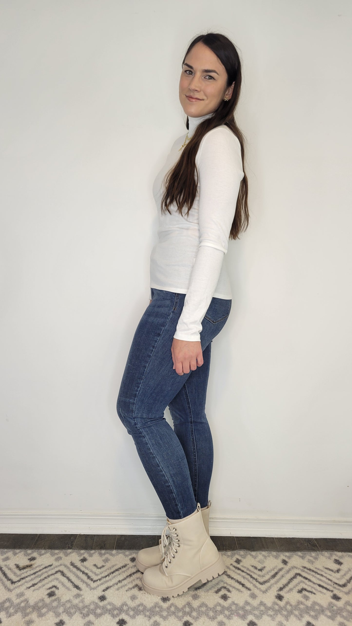 White Ribbed Basic Mock Neck Long Sleeve Top "Katherine"