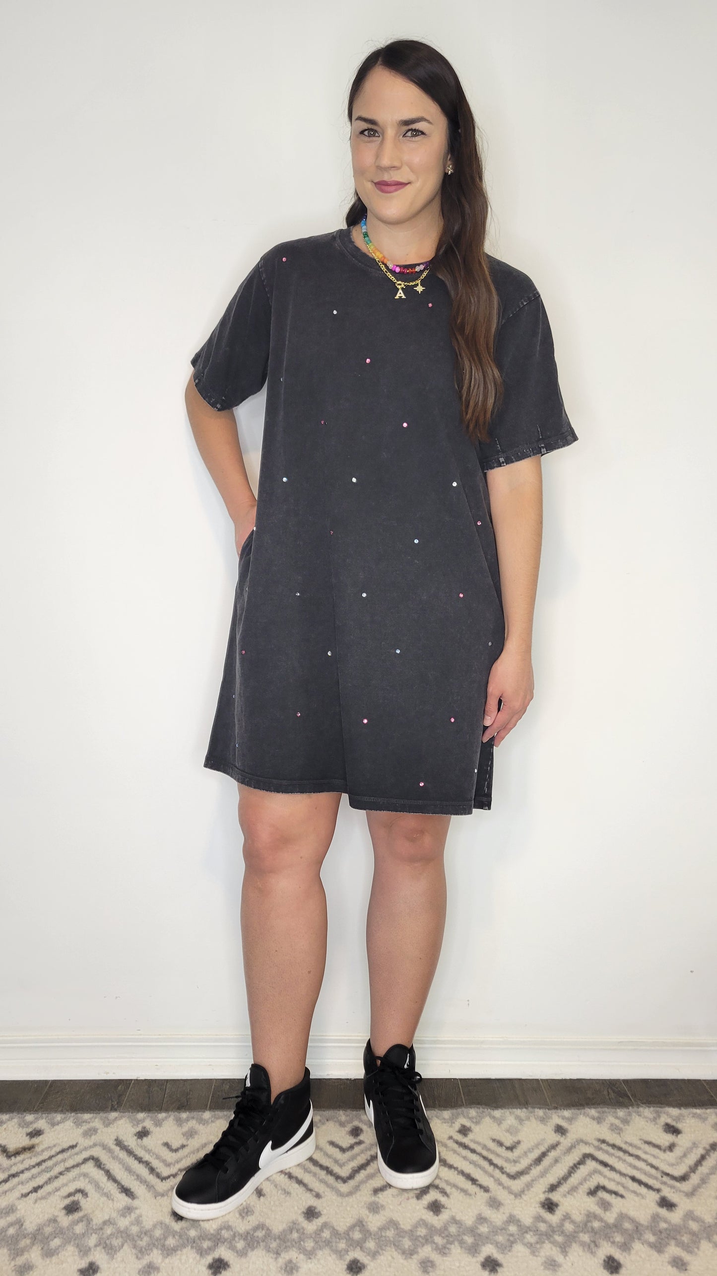 Black Mineral Wash Rhinestone T-Shirt Dress “Blythe”
