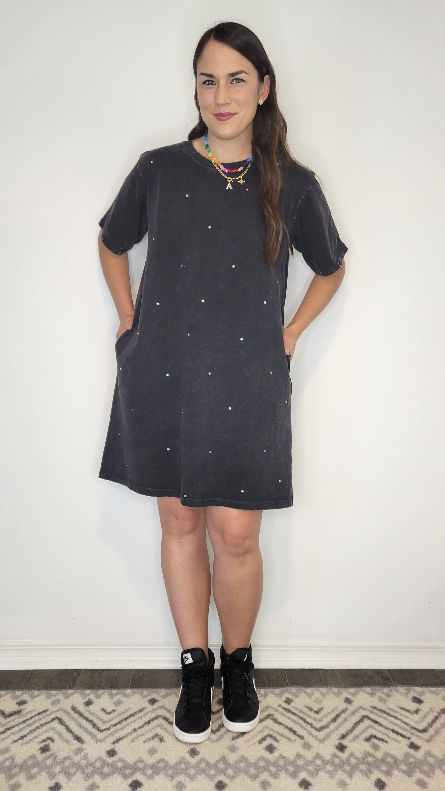 Black Mineral Wash Rhinestone T-Shirt Dress “Blythe”