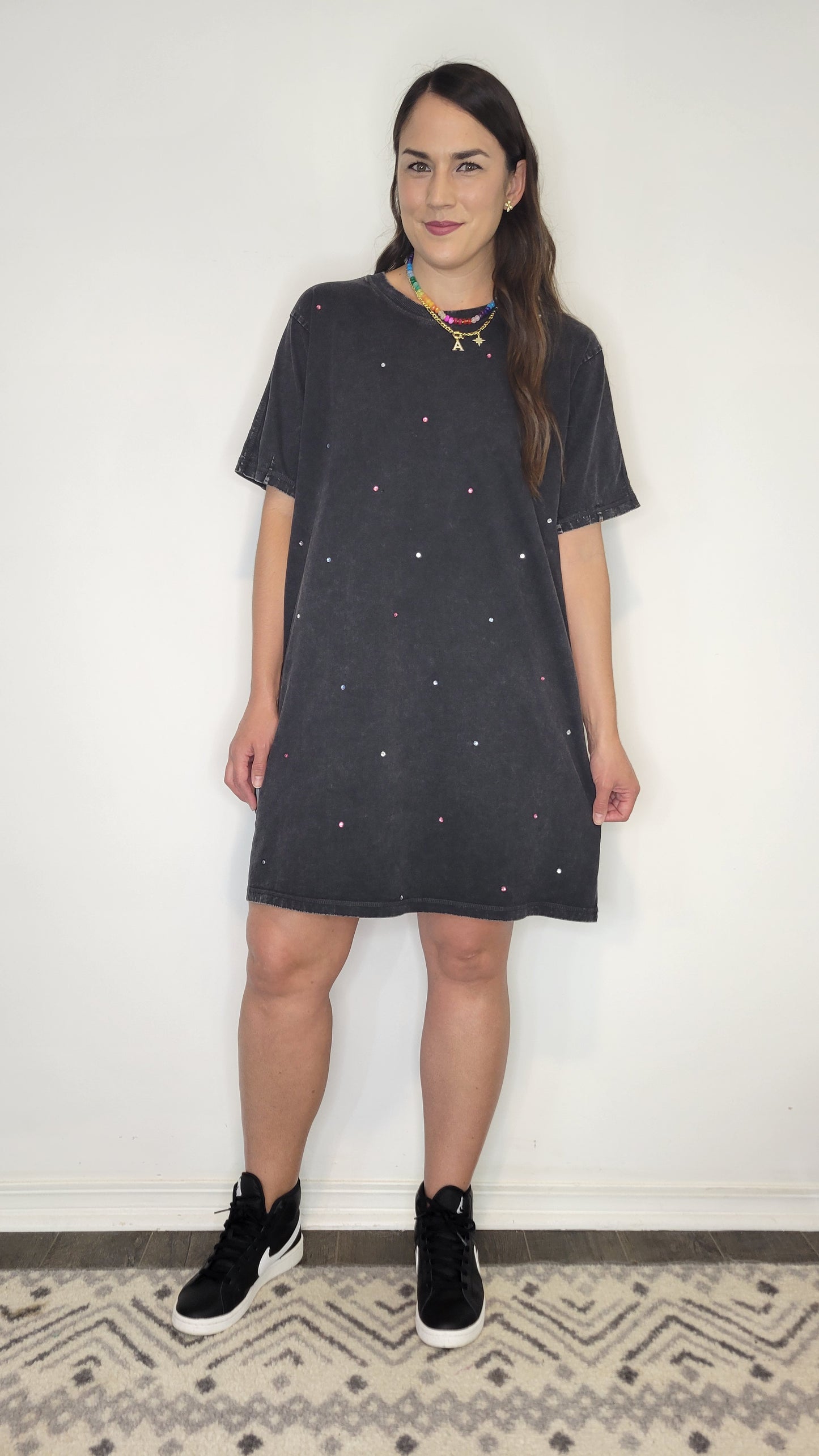 Black Mineral Wash Rhinestone T-Shirt Dress “Blythe”