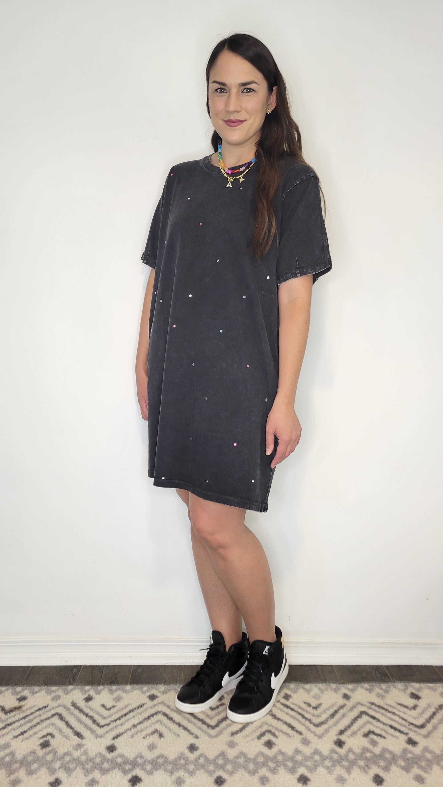 Black Mineral Wash Rhinestone T-Shirt Dress “Blythe”