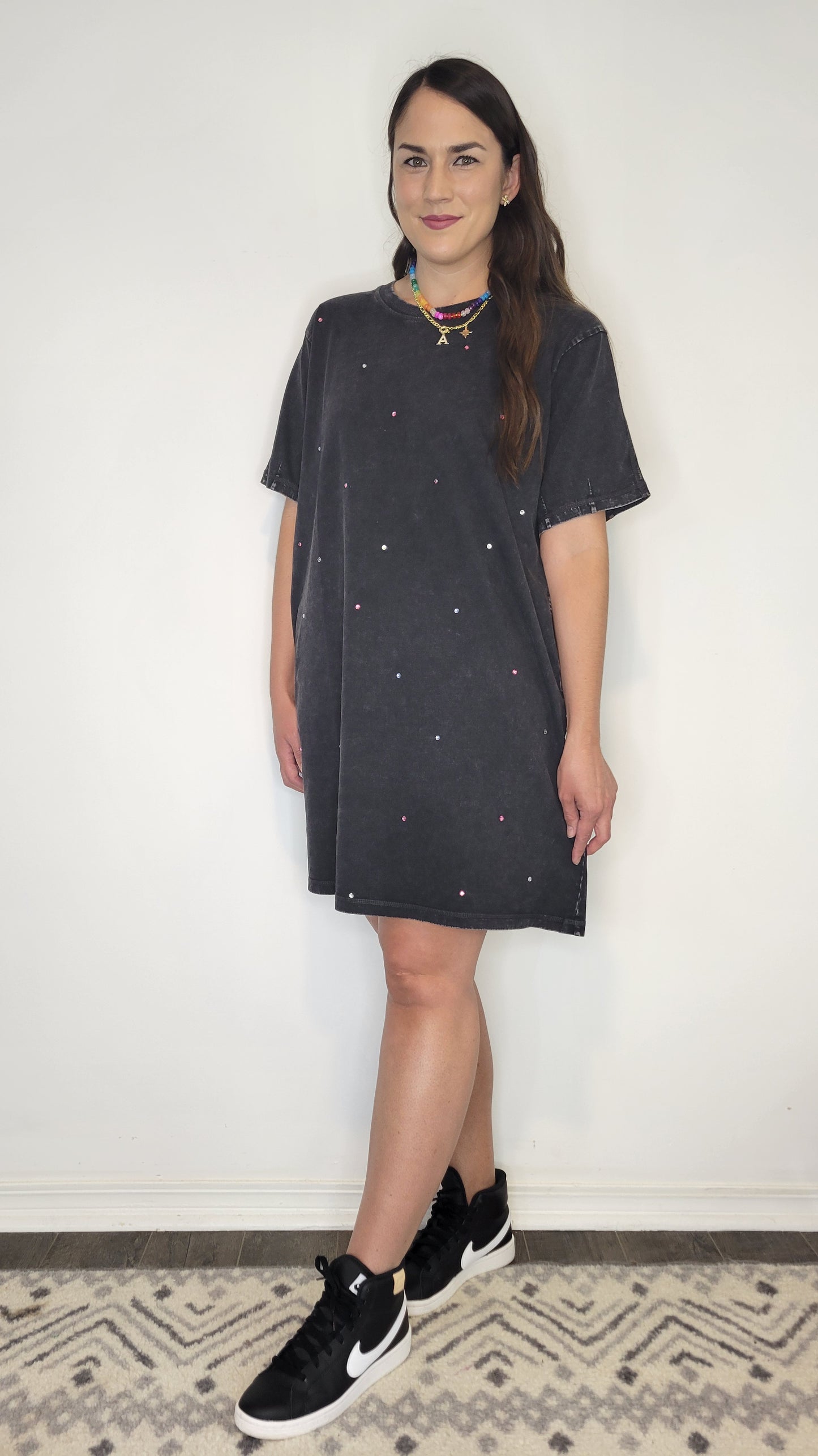 Black Mineral Wash Rhinestone T-Shirt Dress “Blythe”
