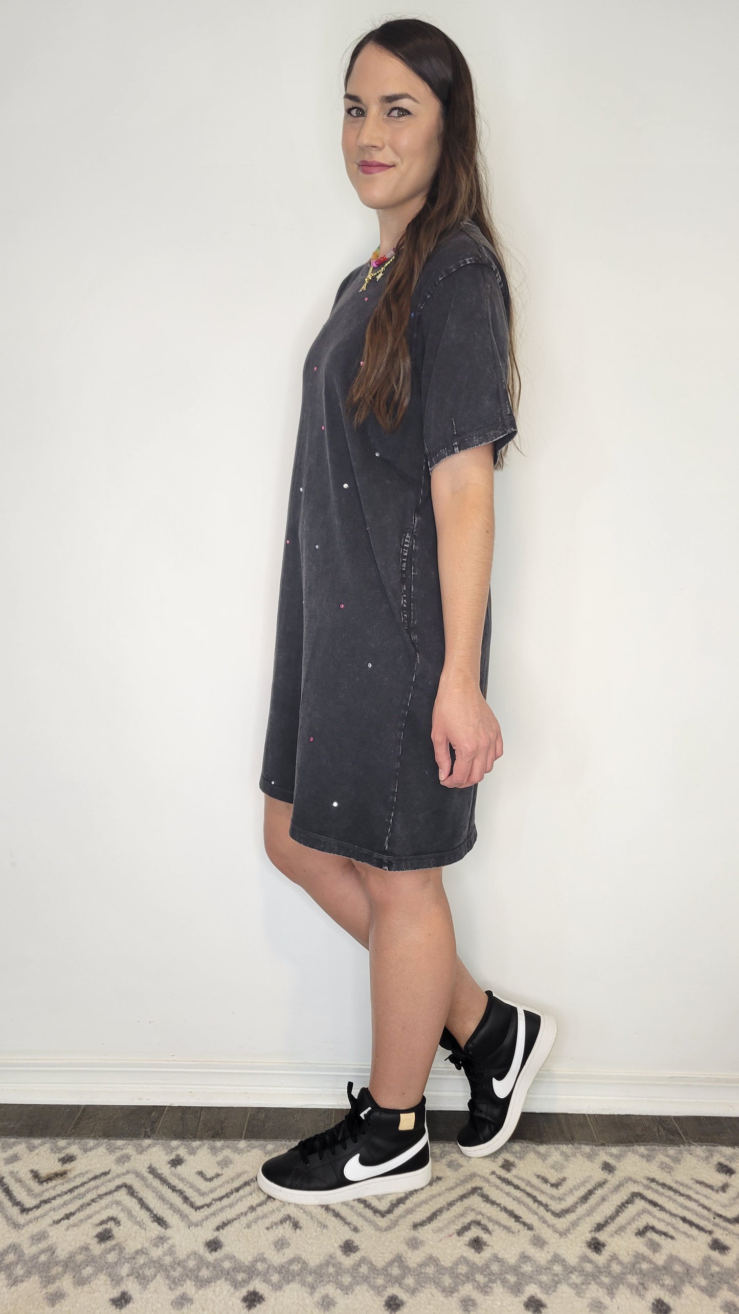 Black Mineral Wash Rhinestone T-Shirt Dress “Blythe”