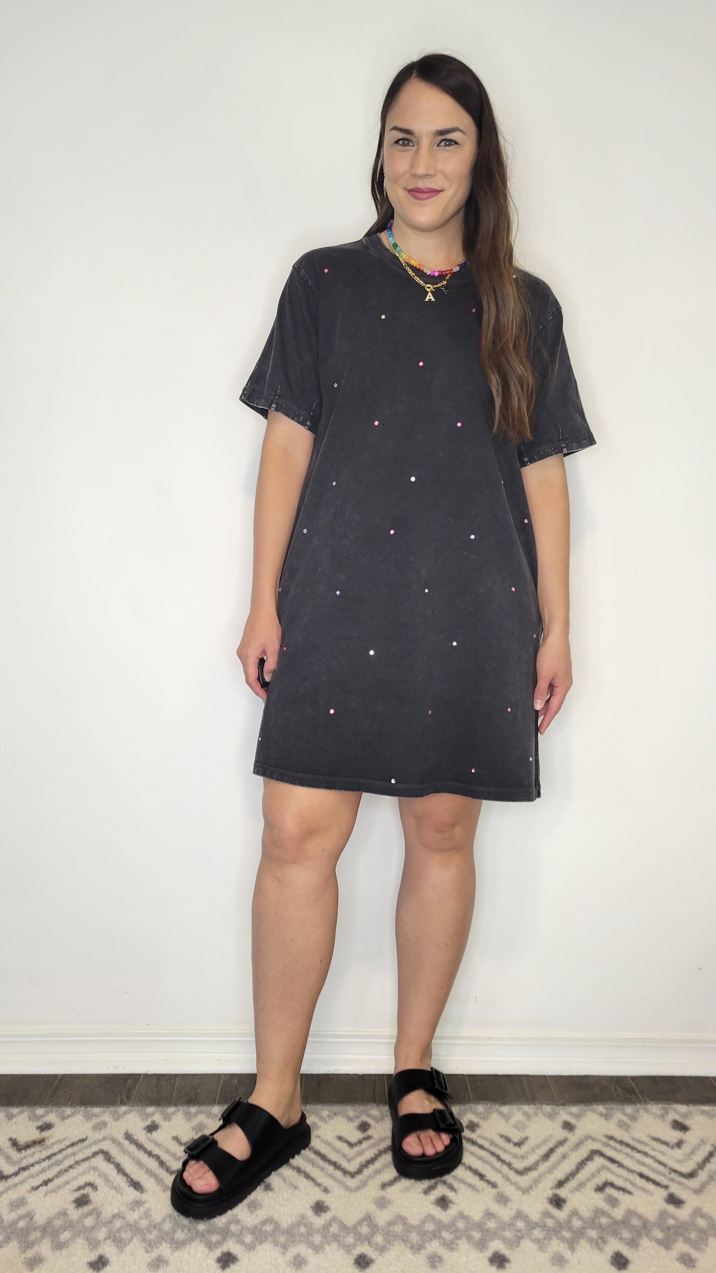 Black Mineral Wash Rhinestone T-Shirt Dress “Blythe”