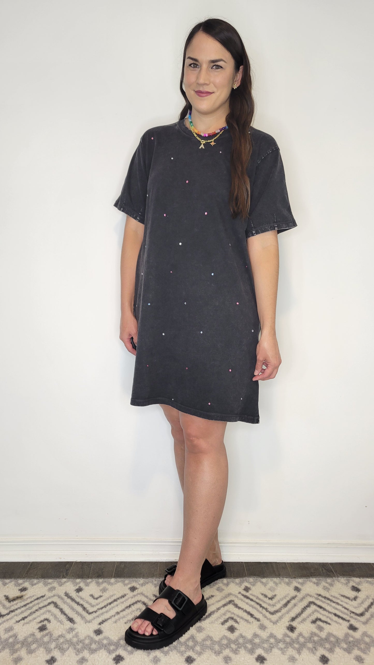 Black Mineral Wash Rhinestone T-Shirt Dress “Blythe”