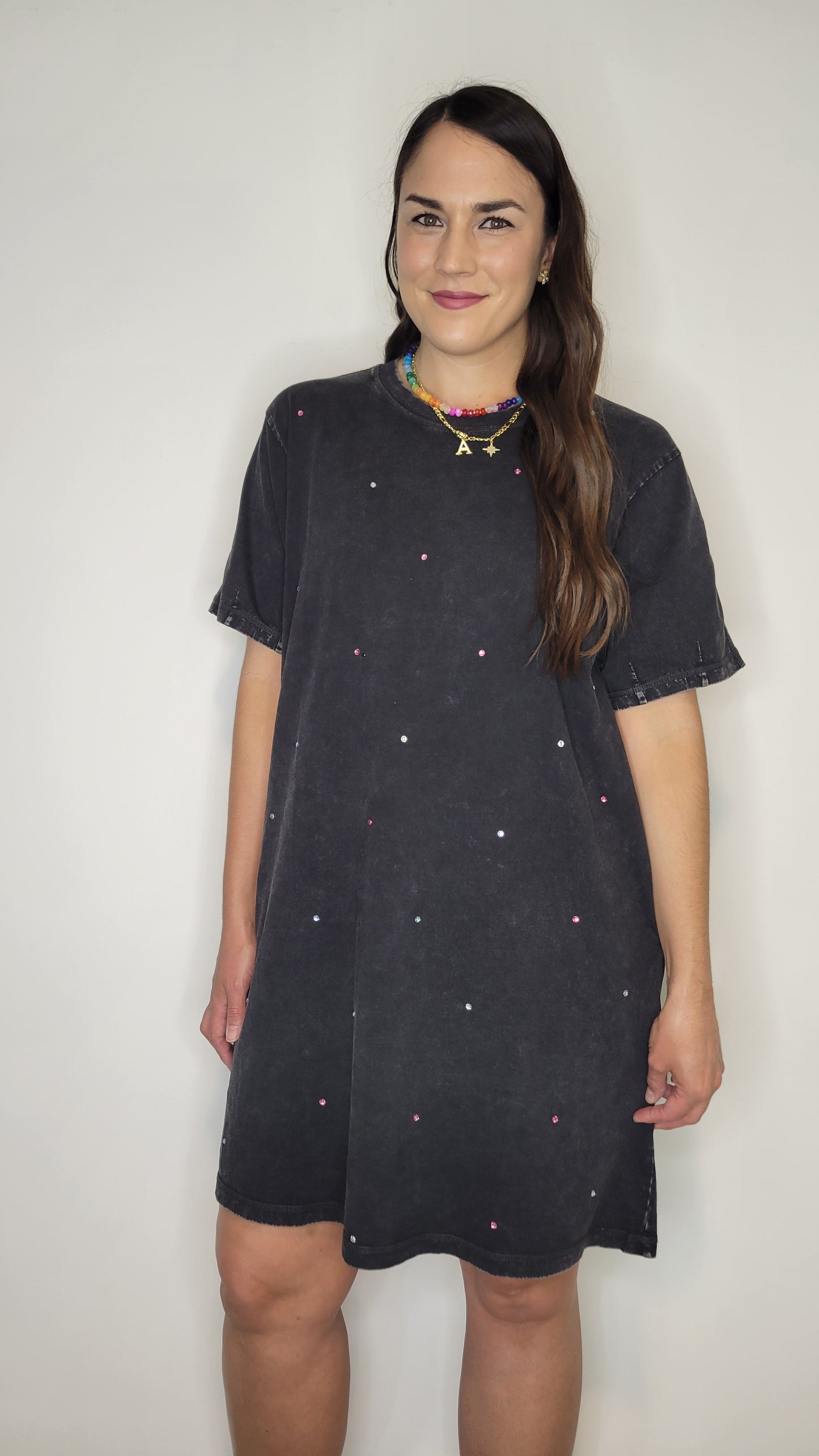 Black Mineral Wash Rhinestone T-Shirt Dress “Blythe”