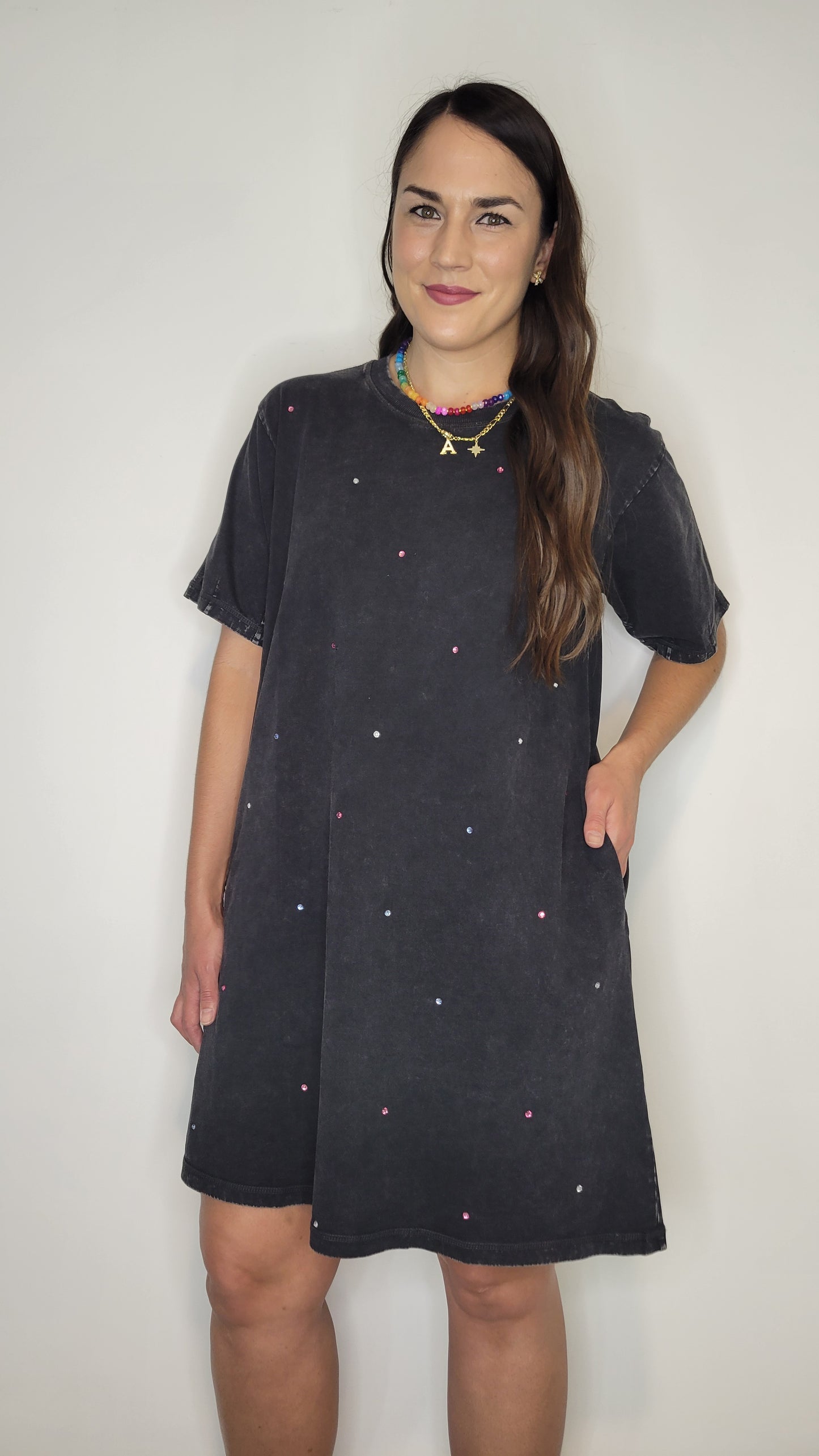Black Mineral Wash Rhinestone T-Shirt Dress “Blythe”