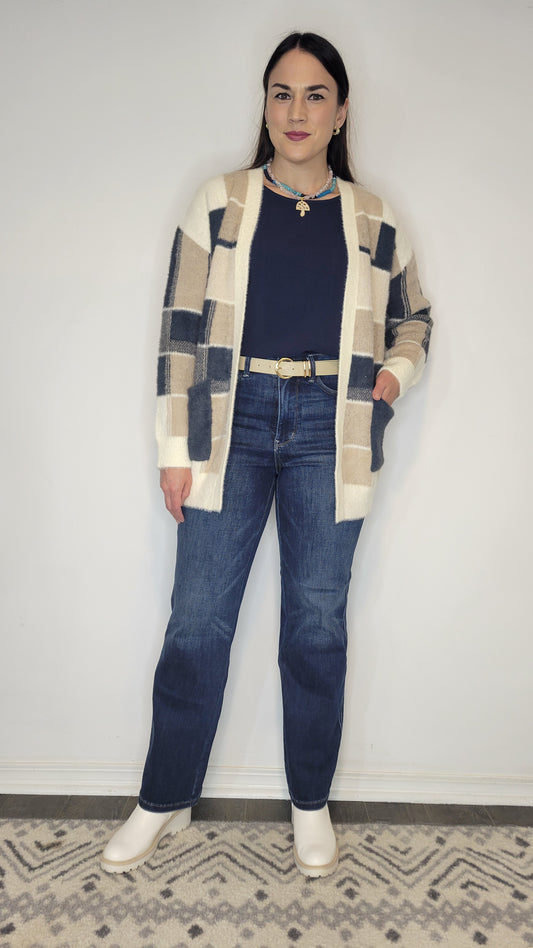 Navy/Taupe Geoprint Soft Cardigan with Pockets "Tulsi" (L)