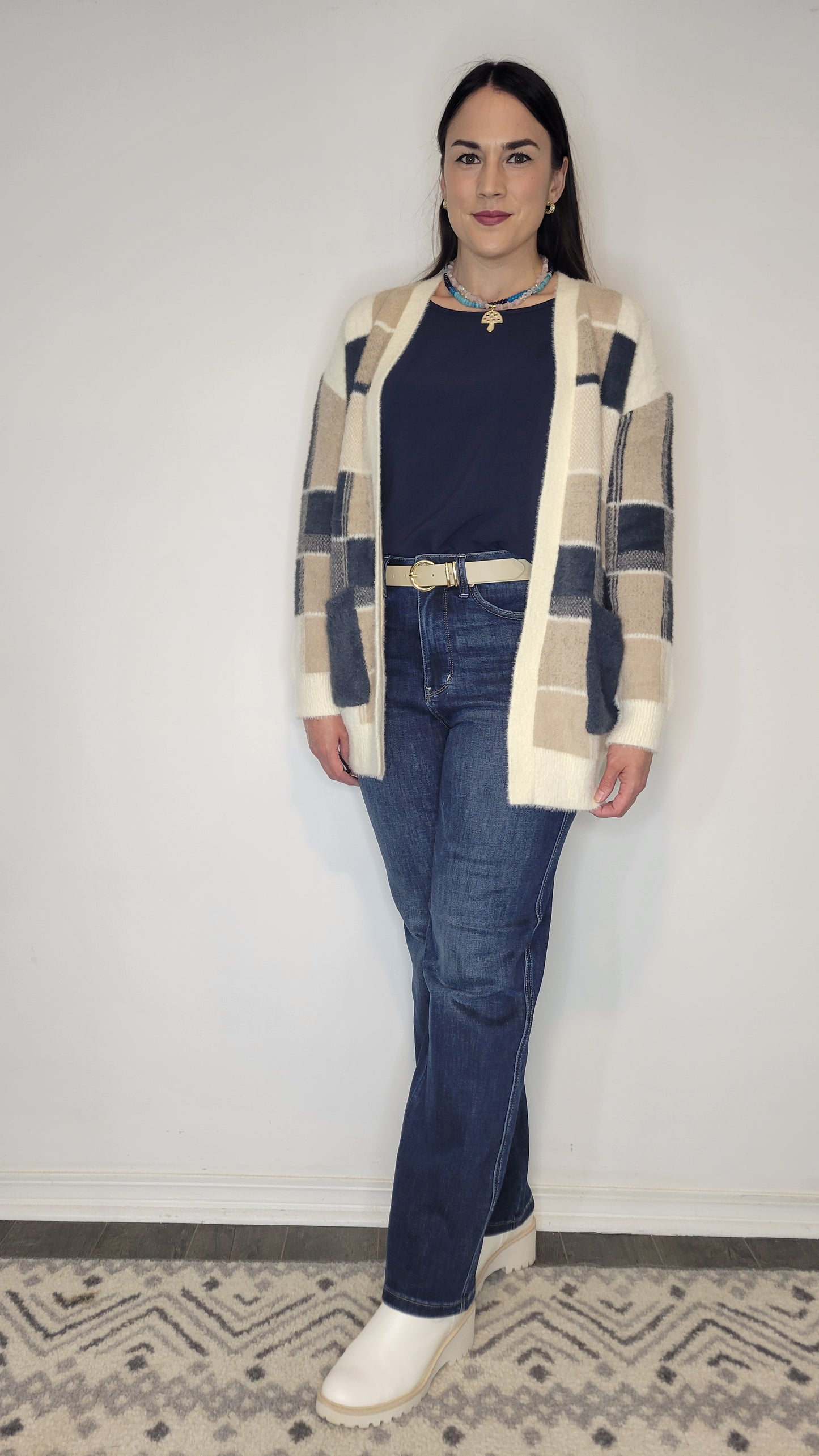 Navy/Taupe Geoprint Soft Cardigan with Pockets "Tulsi" (L)