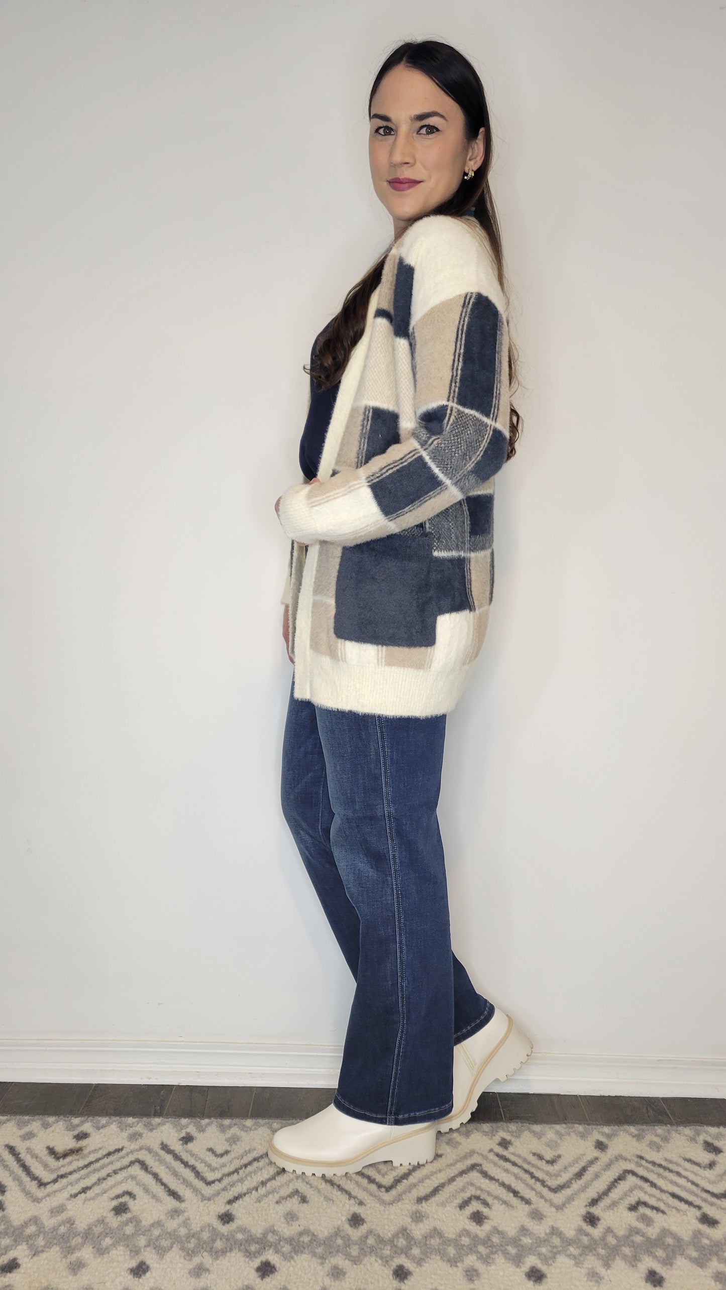 Navy/Taupe Geoprint Soft Cardigan with Pockets "Tulsi" (L)