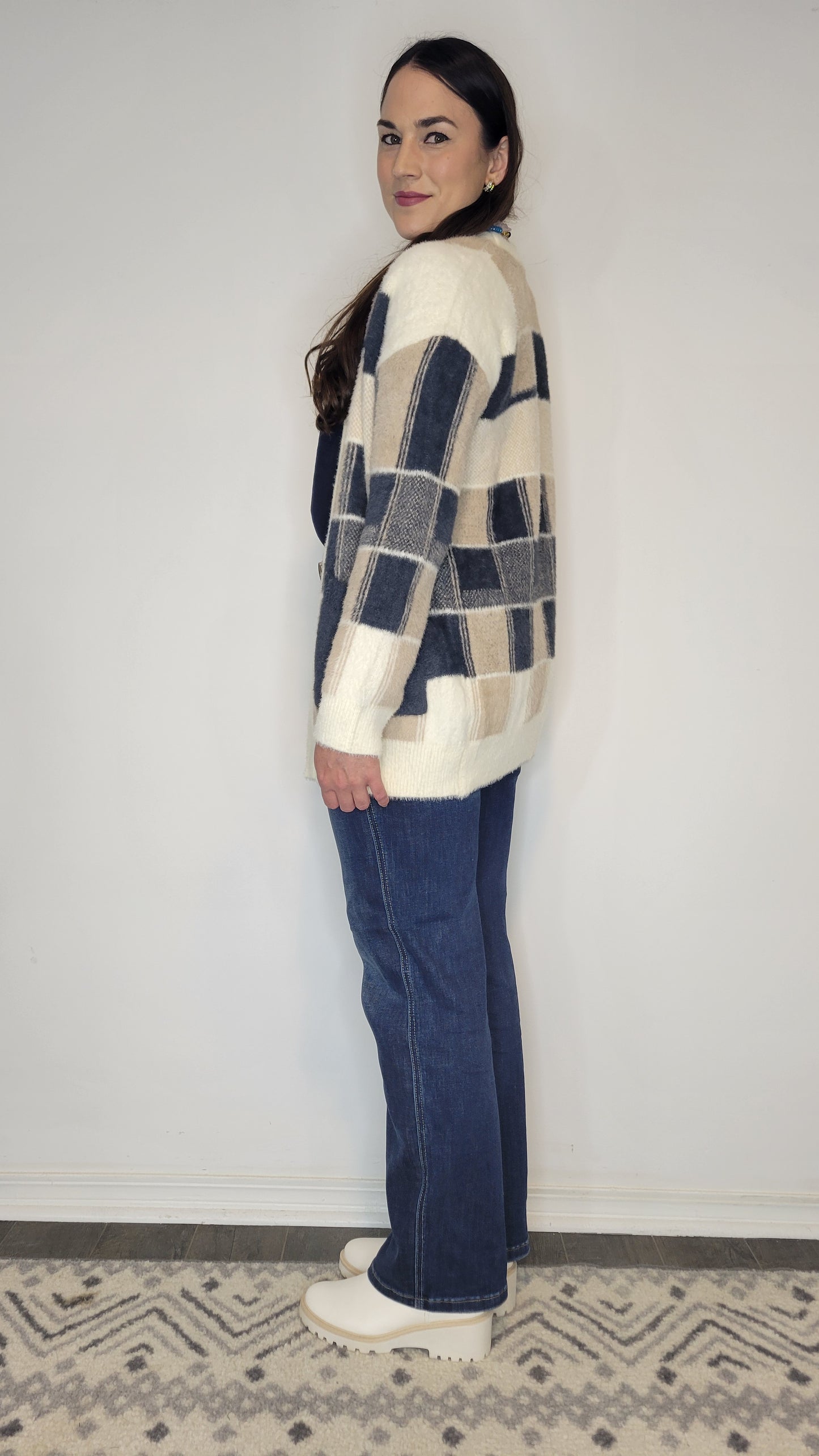 Navy/Taupe Geoprint Soft Cardigan with Pockets "Tulsi" (L)