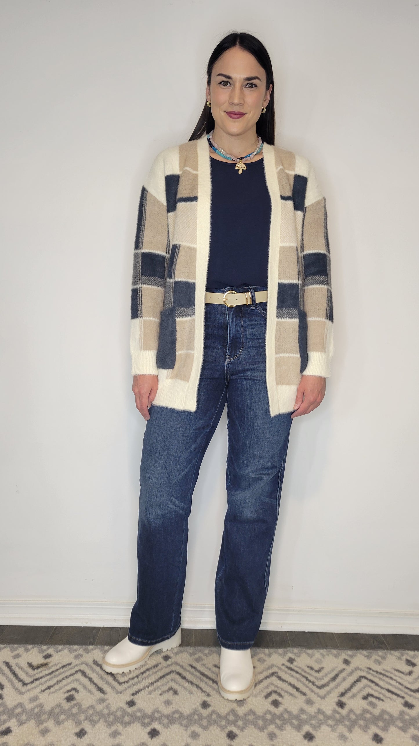 Navy/Taupe Geoprint Soft Cardigan with Pockets "Tulsi" (L)