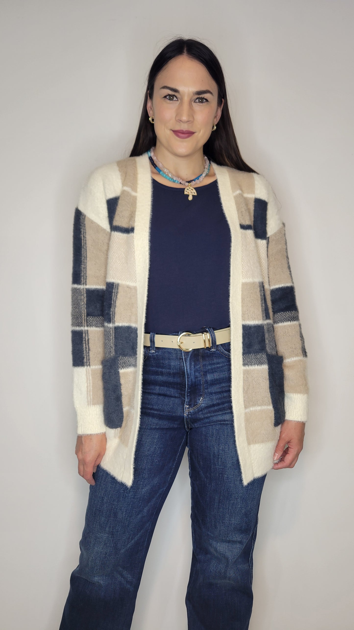 Navy/Taupe Geoprint Soft Cardigan with Pockets "Tulsi" (L)