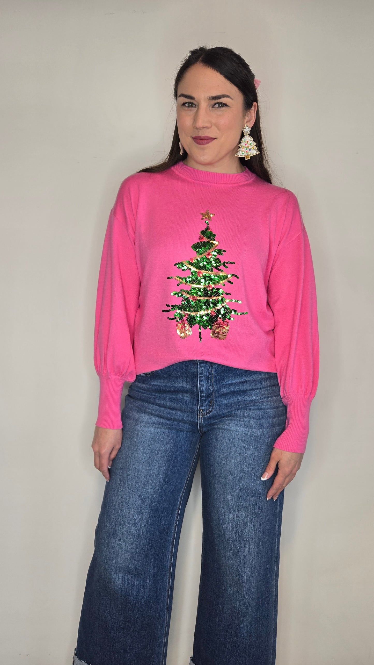 Hot Pink Festive Sequin Christmas Tree Sweater "Jovie" (M)
