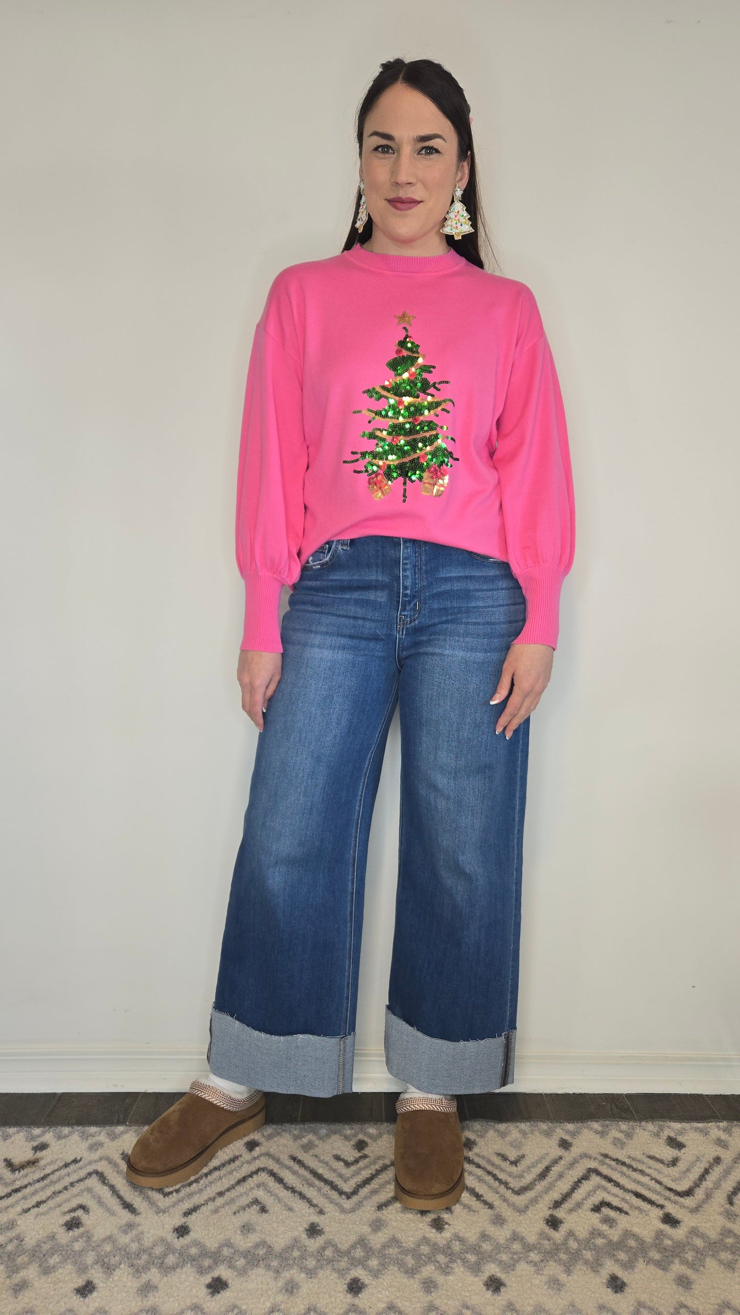 Hot Pink Festive Sequin Christmas Tree Sweater "Jovie" (M)