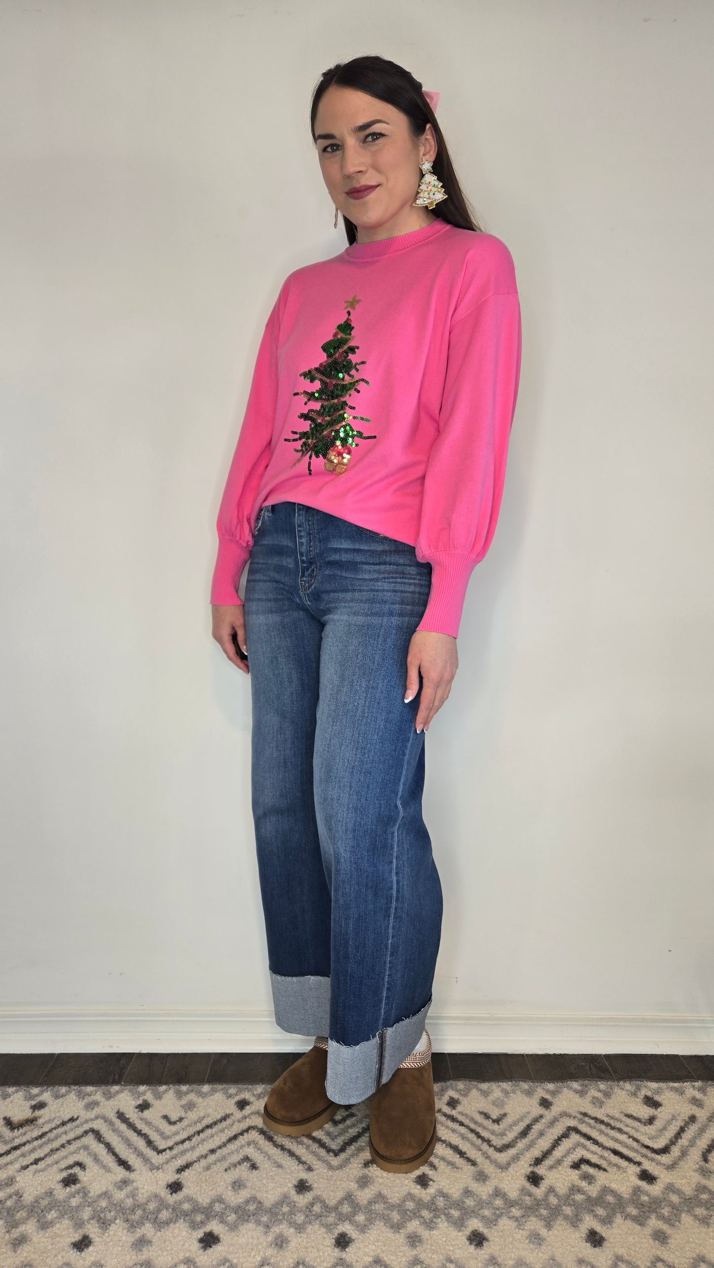 Hot Pink Festive Sequin Christmas Tree Sweater "Jovie" (M)