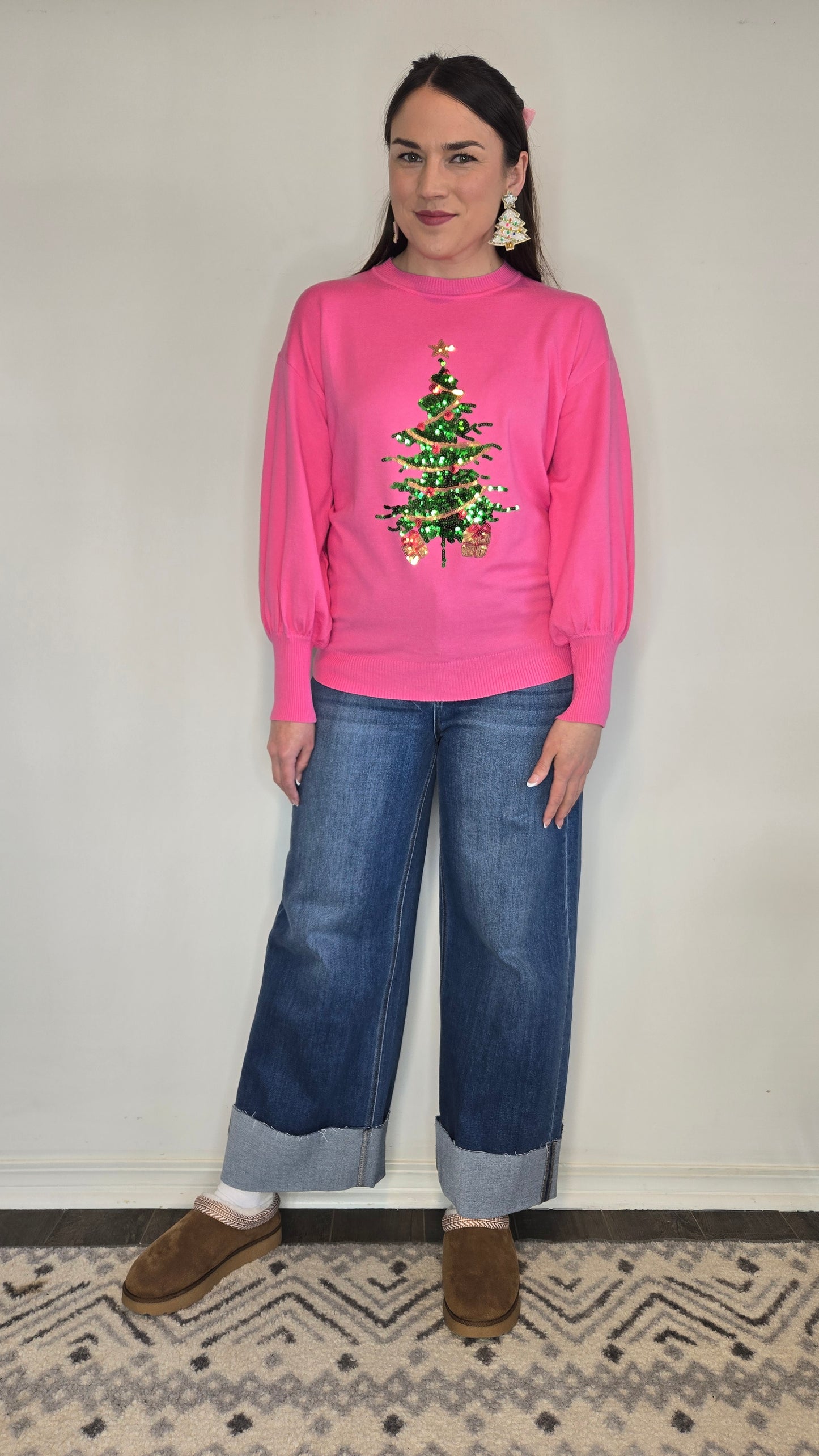 Hot Pink Festive Sequin Christmas Tree Sweater "Jovie" (M)