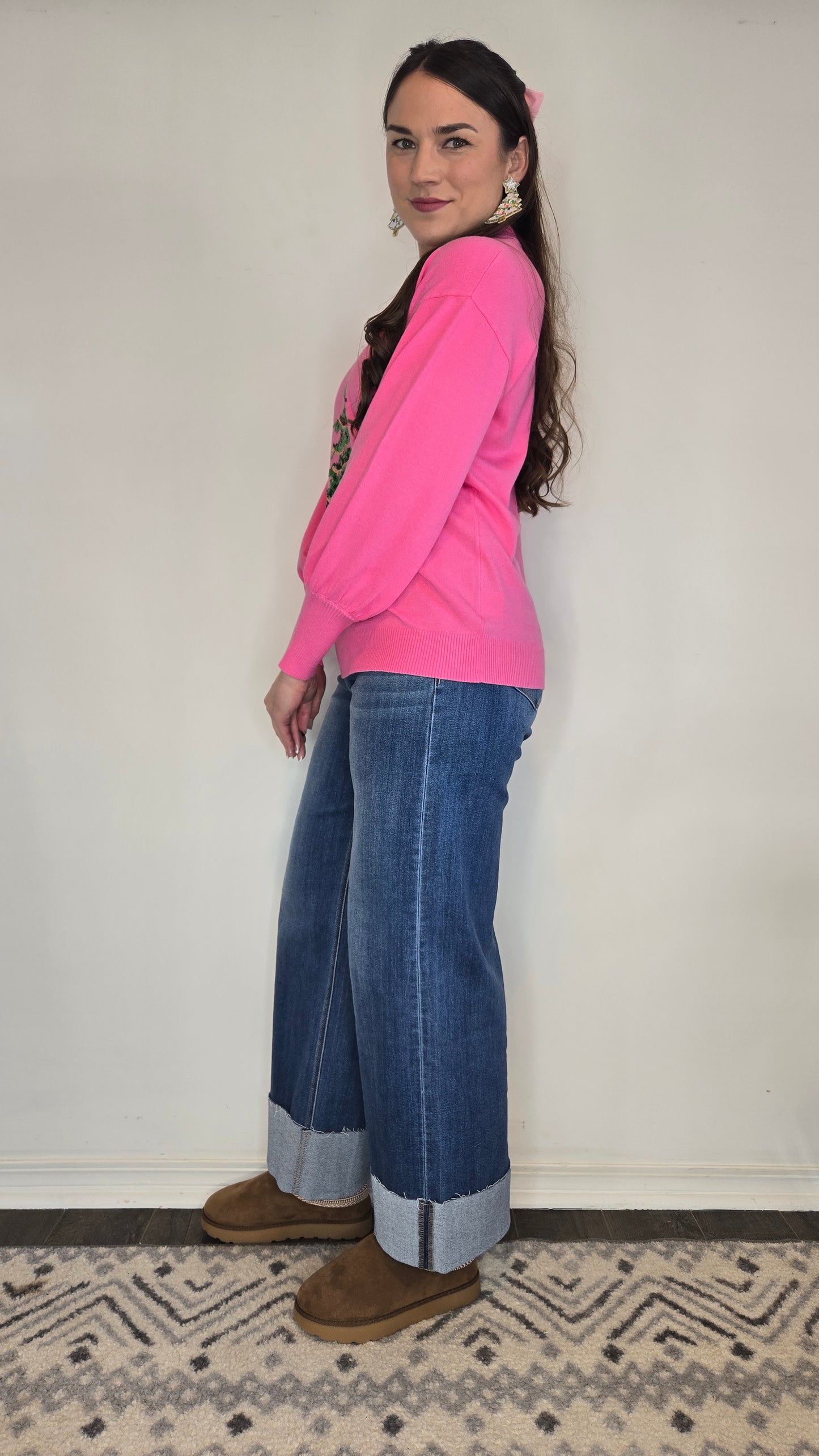 Hot Pink Festive Sequin Christmas Tree Sweater "Jovie" (M)