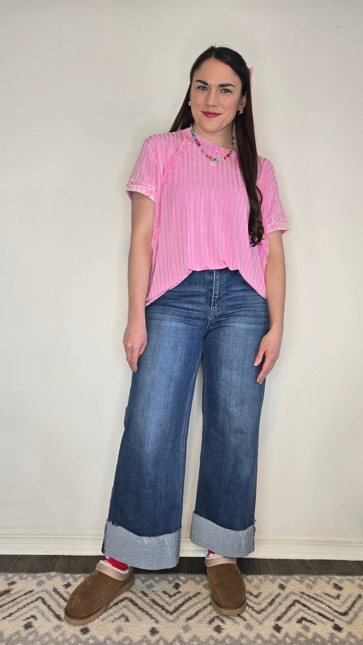 Candy Pink Acid Washed Ribbed Top "Candy" (L/XL)