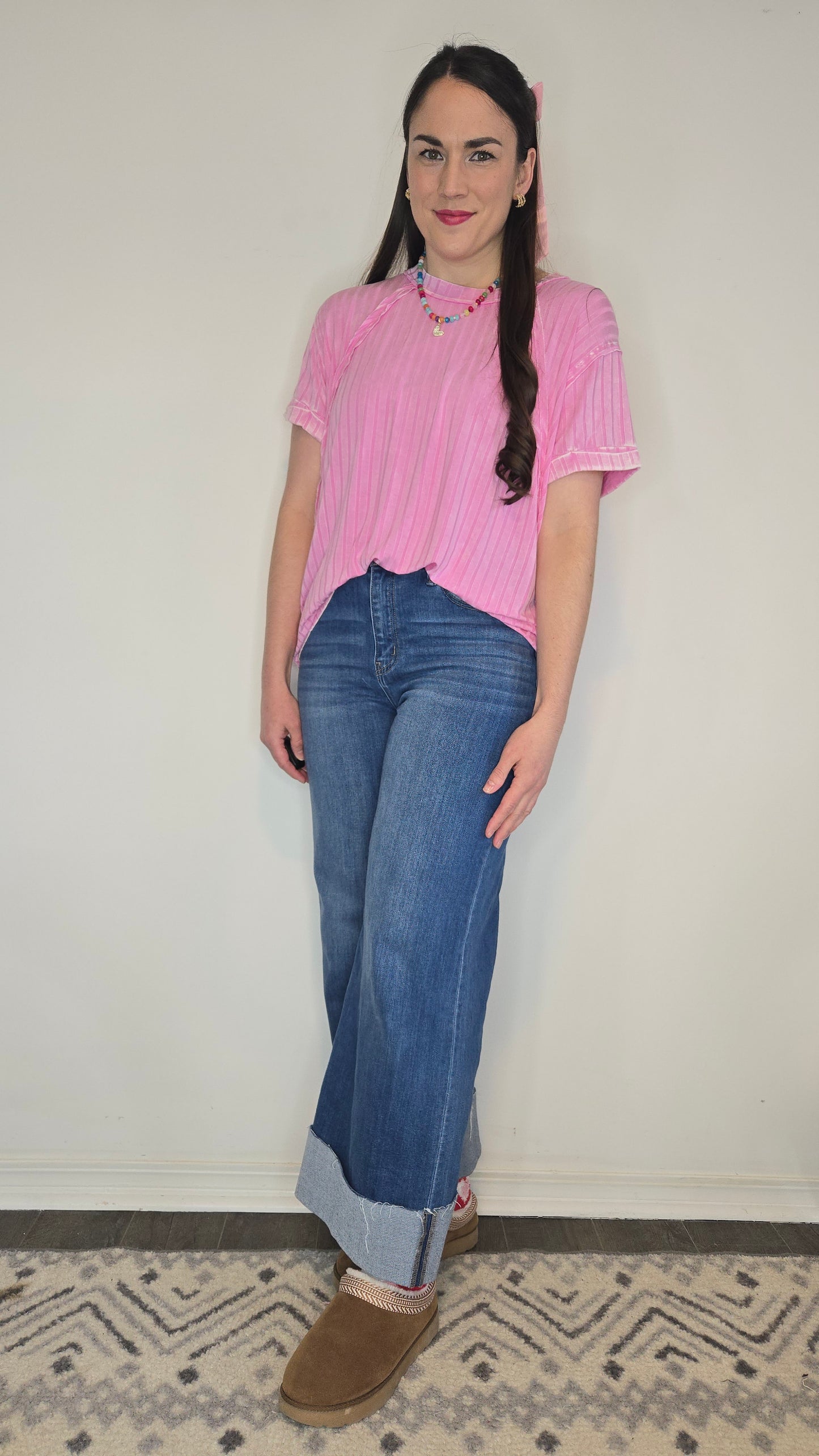 Candy Pink Acid Washed Ribbed Top "Candy" (L/XL)