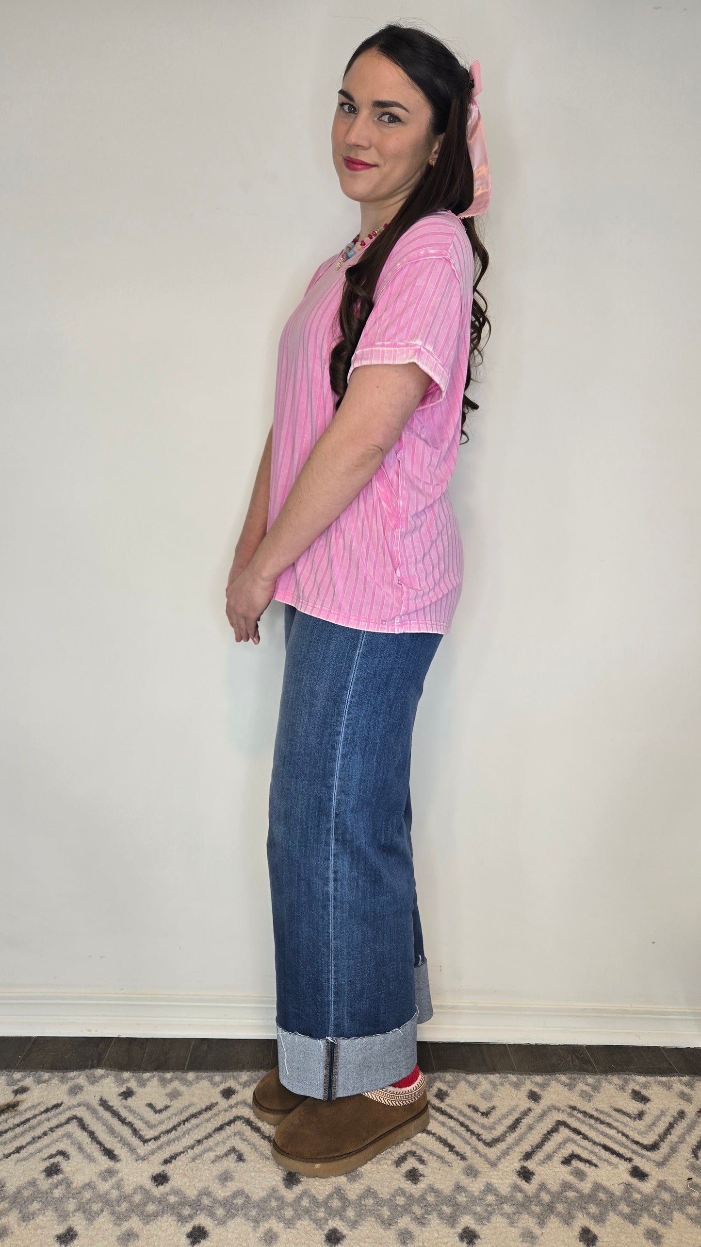 Candy Pink Acid Washed Ribbed Top "Candy" (L/XL)