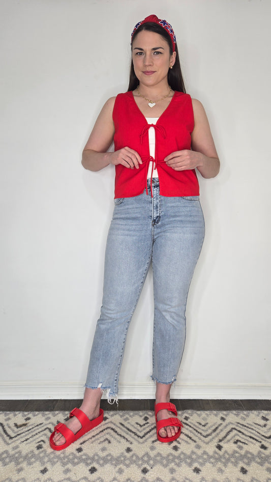 Red Linen Bow Tie Front Detail Vest "Mandy"