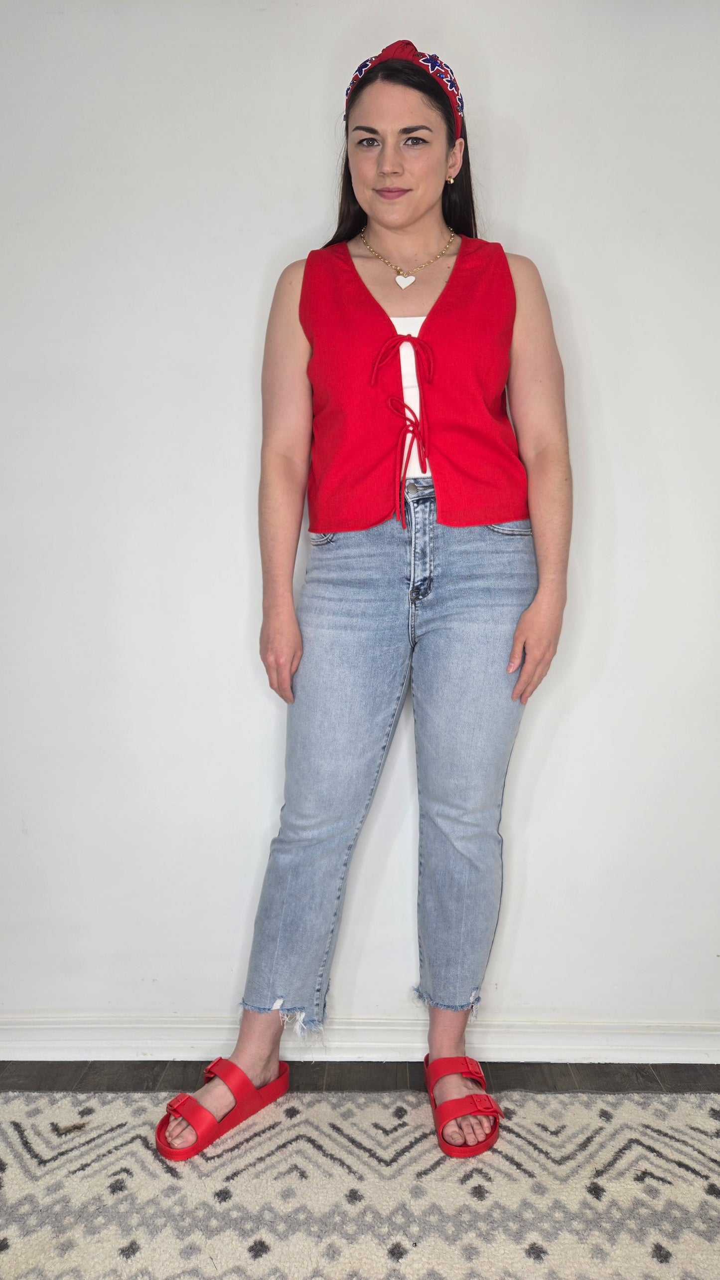 Red Linen Bow Tie Front Detail Vest "Mandy"